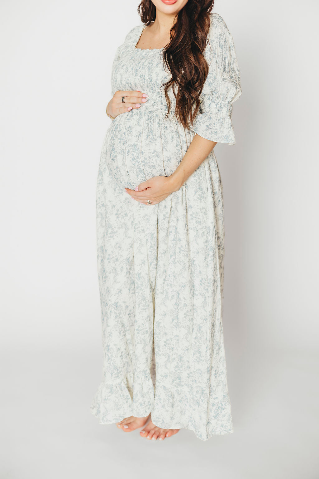 Sienna 100% Cotton Puff Sleeve Maxi Dress - Blue Floral Print Maternity Dress for Pregnancy | Bump Friendly, Comfortable & Stylish for Summer, Beach, Vacation & Special Occasions