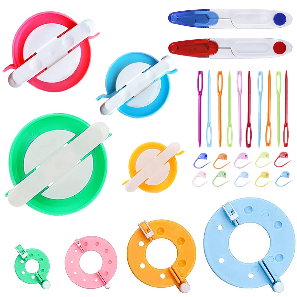 Premium Pom Pom Maker Kit - 30pcs DIY Craft Set with 8 Pom Pom Makers, 2 Scissors, 10 Plastic Needles & 10 Knitting Stitch Markers - Perfect for Wool Yarn Knitting, DIY Projects & Handmade Gifts - Great for Crafters, Knitters & Beginners
