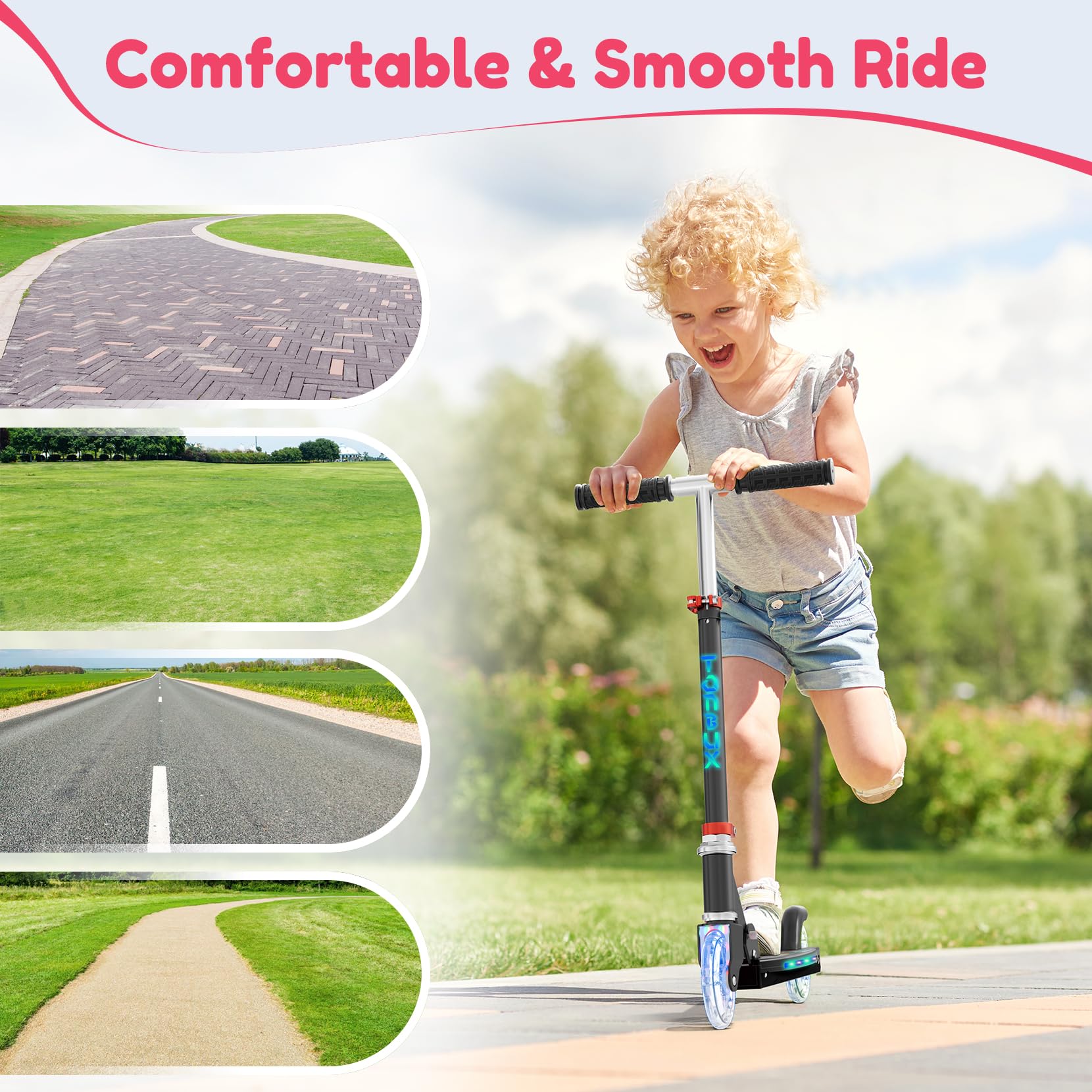 TONBUX 2 Wheel Kick Scooter for Kids Ages 5-12 - Adjustable Height (3 Levels), LED Light-Up Wheels & Deck, Foldable & Lightweight Design - Perfect for Commuting to School, Park Rides & Neighborhood Fun