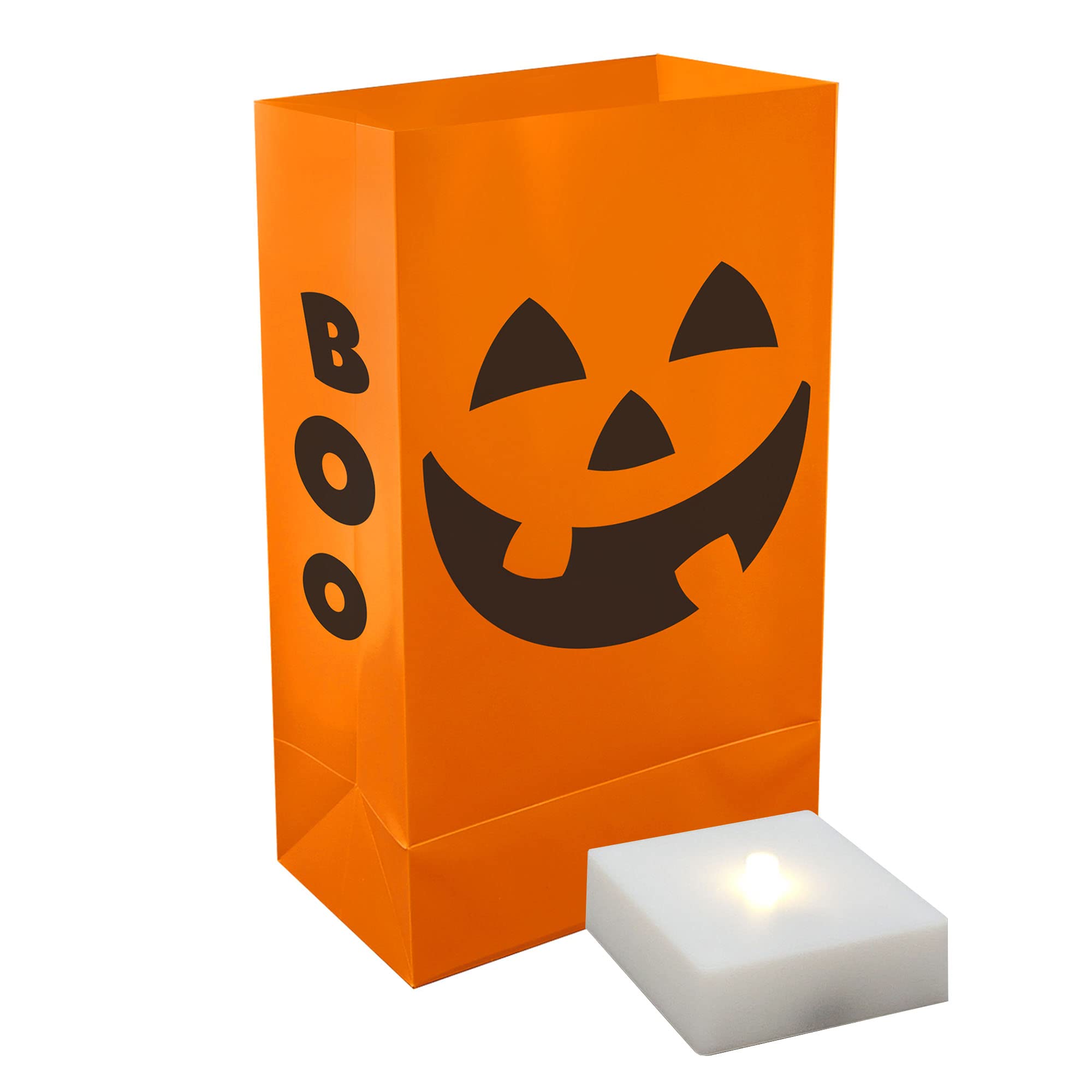 79906 Battery Operated Timer Luminaria Kit - Orange Jack O'Lantern Halloween Decorations for Indoor Outdoor Home Party Yard Decor