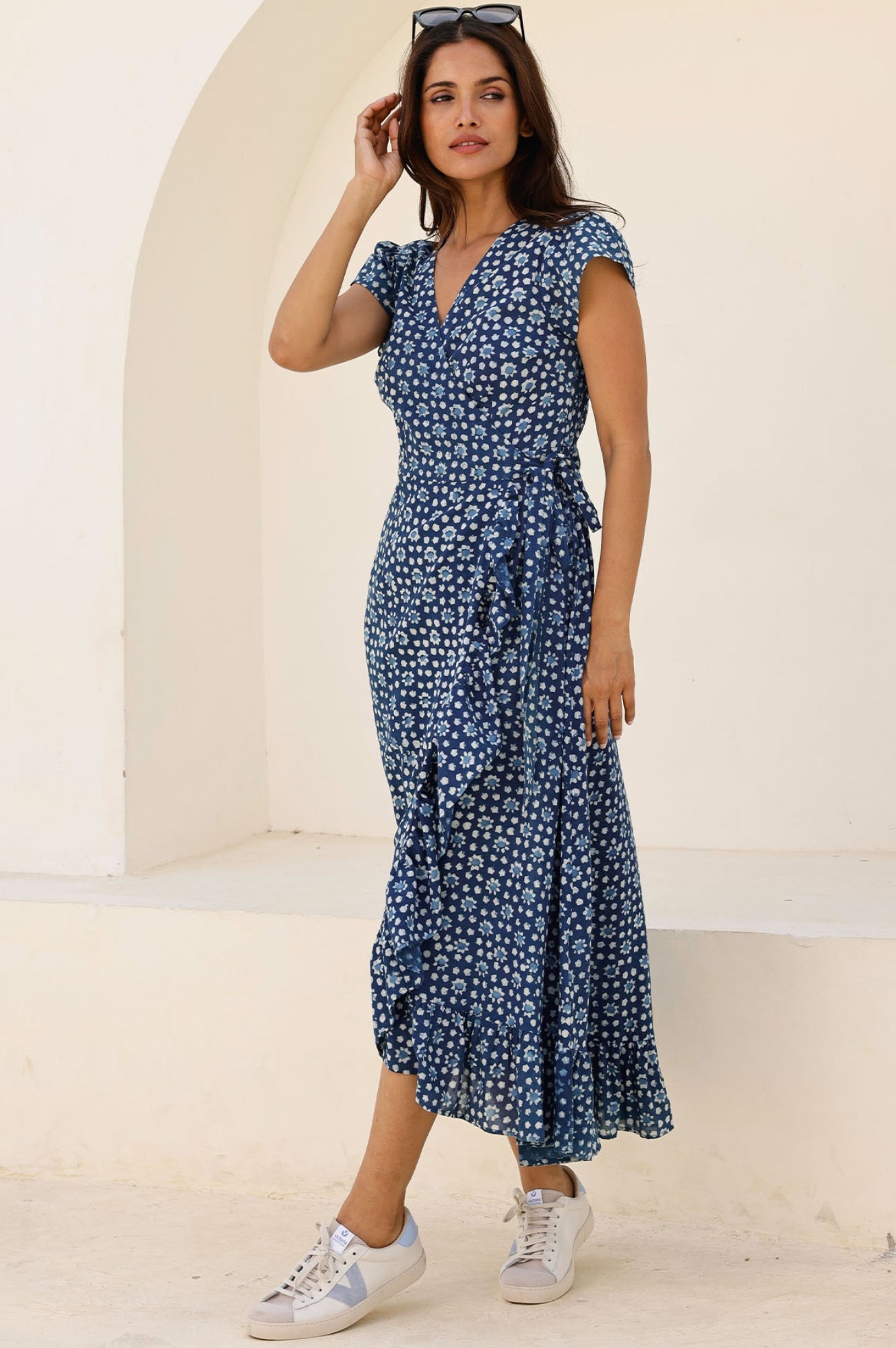 Demi Organic Cotton Wrap Dress for Women - Navy Blue Flowy Boho Maxi Dress for Beach, Vacation & Summer Outfits