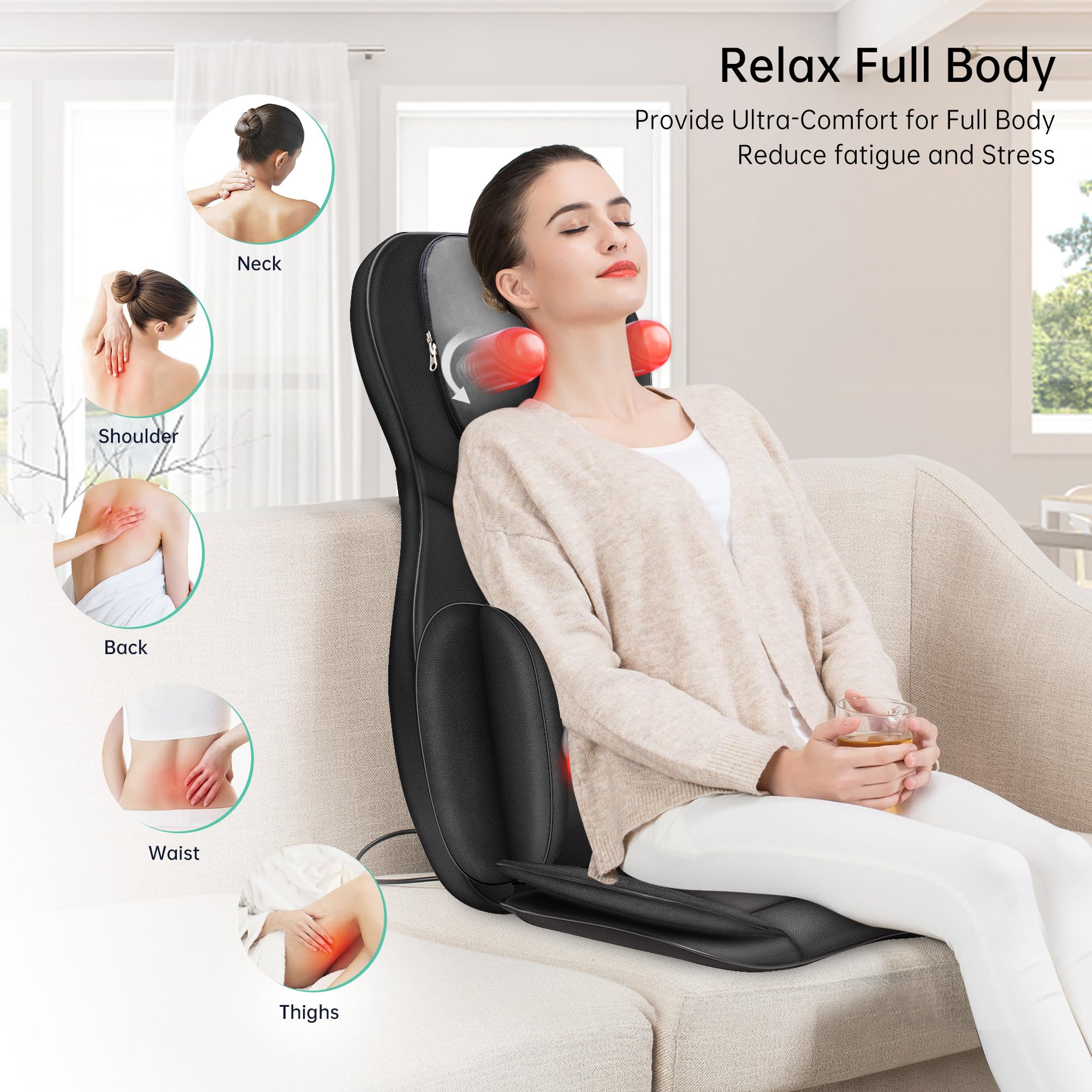 Snailax Neck and Back Massager with Heat - Shiatsu Kneading & Compression Full Body Massage Chair Pad - Portable Seat Massager for Home, Office & Car Relaxation