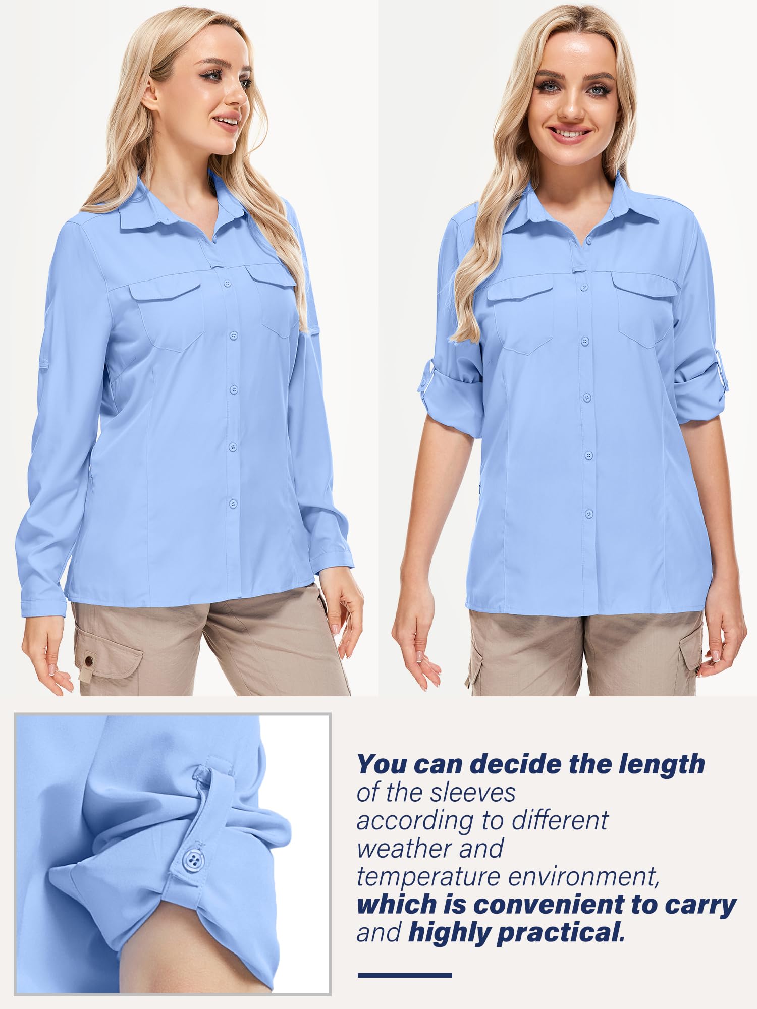 UPF50+ Women's & Men's Sun Protection Fishing Shirts - Long Sleeve Travel & Safari Work Shirts with Zipper Pockets - Perfect for Outdoor Activities, Hiking, and Beach Vacations