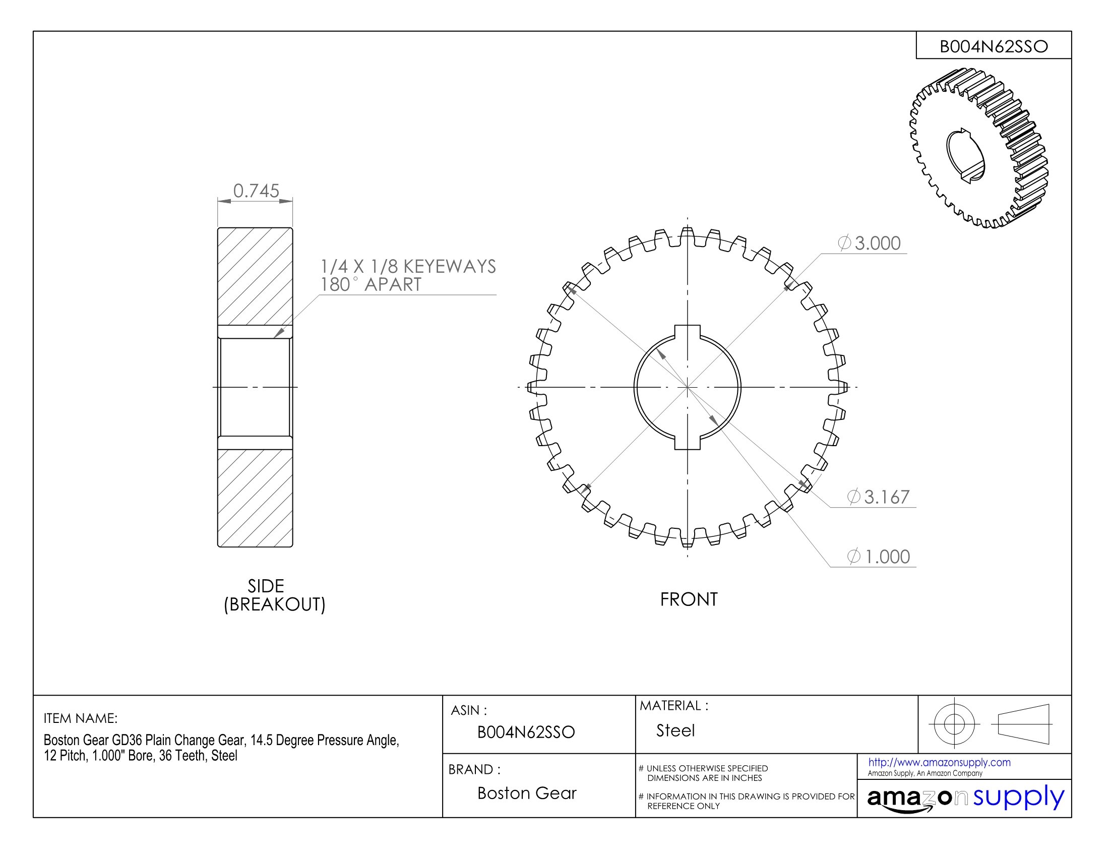 GD36 Plain Change Gear - 14.5° Pressure Angle, 12 Pitch, 1