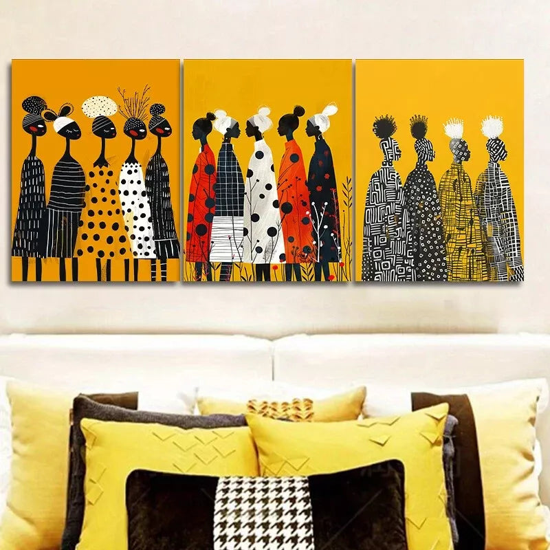 3-Piece African Women Group Yellow Background Wall Art Canvas Set - Framed 50x70cm High Quality Print | 100% Australian Made | Ready to Hang | Perfect for Living Room, Bedroom & Office Decor