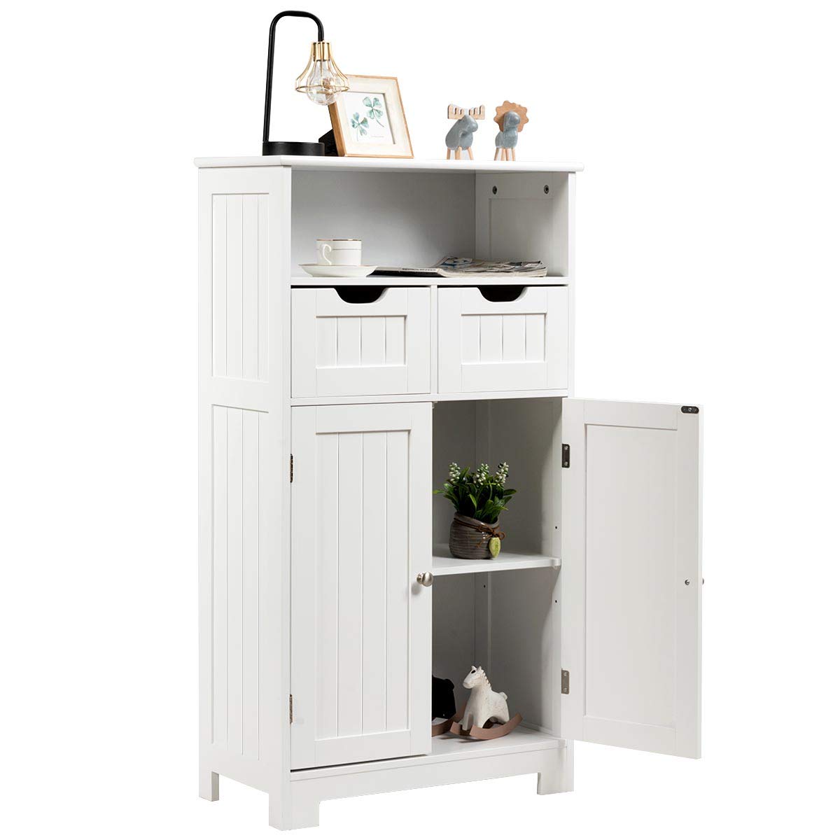 Tangkula White Bathroom Floor Cabinet with Open Shelf, 2 Doors & 2 Adjustable Drawers - Storage Organizer for Bathroom, Kitchen, Living Room & Home Office - Perfect for Towels, Toiletries & Home Decor Organization