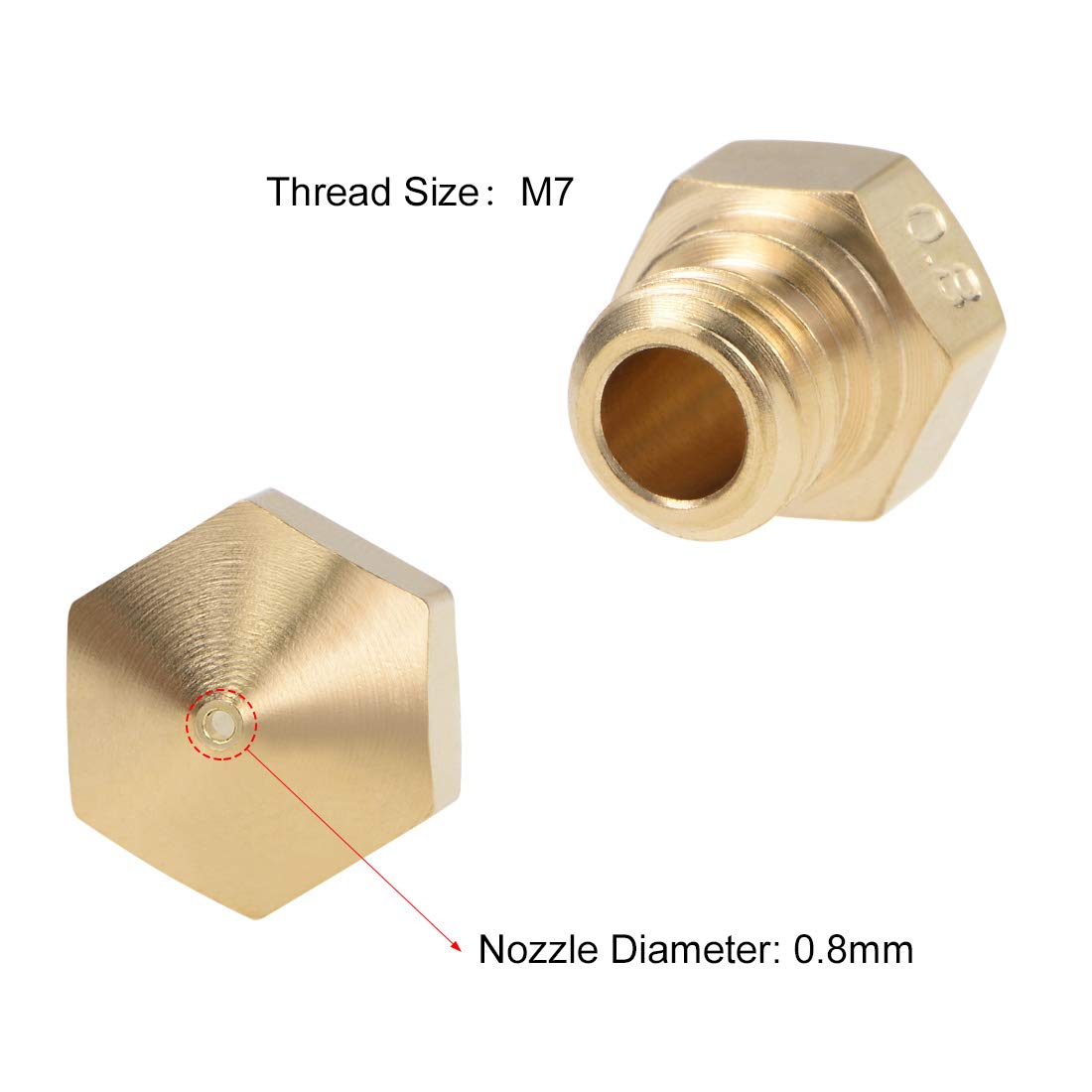 uxcell 0.8mm 3D Printer Nozzle Head - M7 Thread Brass Replacement (5 Pack) for Creality Ender 3, CR-10, Prusa - High Precision Printing & Smooth Filament Flow