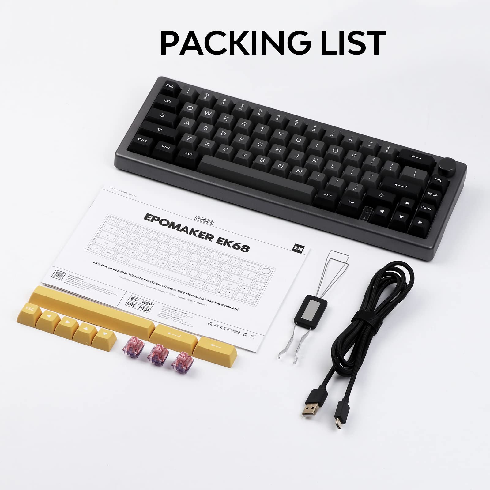 EPOMAKER EK68 65% Wireless Mechanical Gaming Keyboard - Hot Swappable Gasket Mount, Bluetooth 5.0/2.4Ghz/USB-C Wired, Customizable Metal Knob (Black Silver, Budgerigar Switch) - Perfect for Esports, Office Work & Typing Enthusiasts