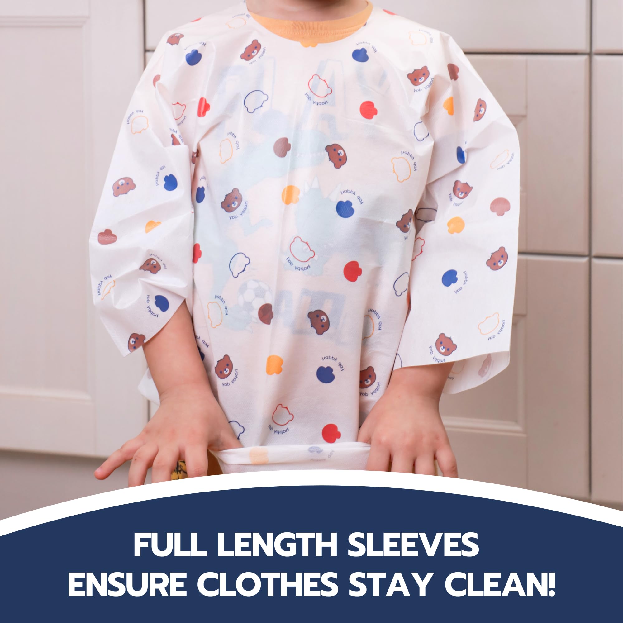 Waterproof Disposable Baby Bibs with Long Sleeves & Crumb Catcher - Individually Wrapped 10 Pack for Messy Meals, Travel & Daycare Use