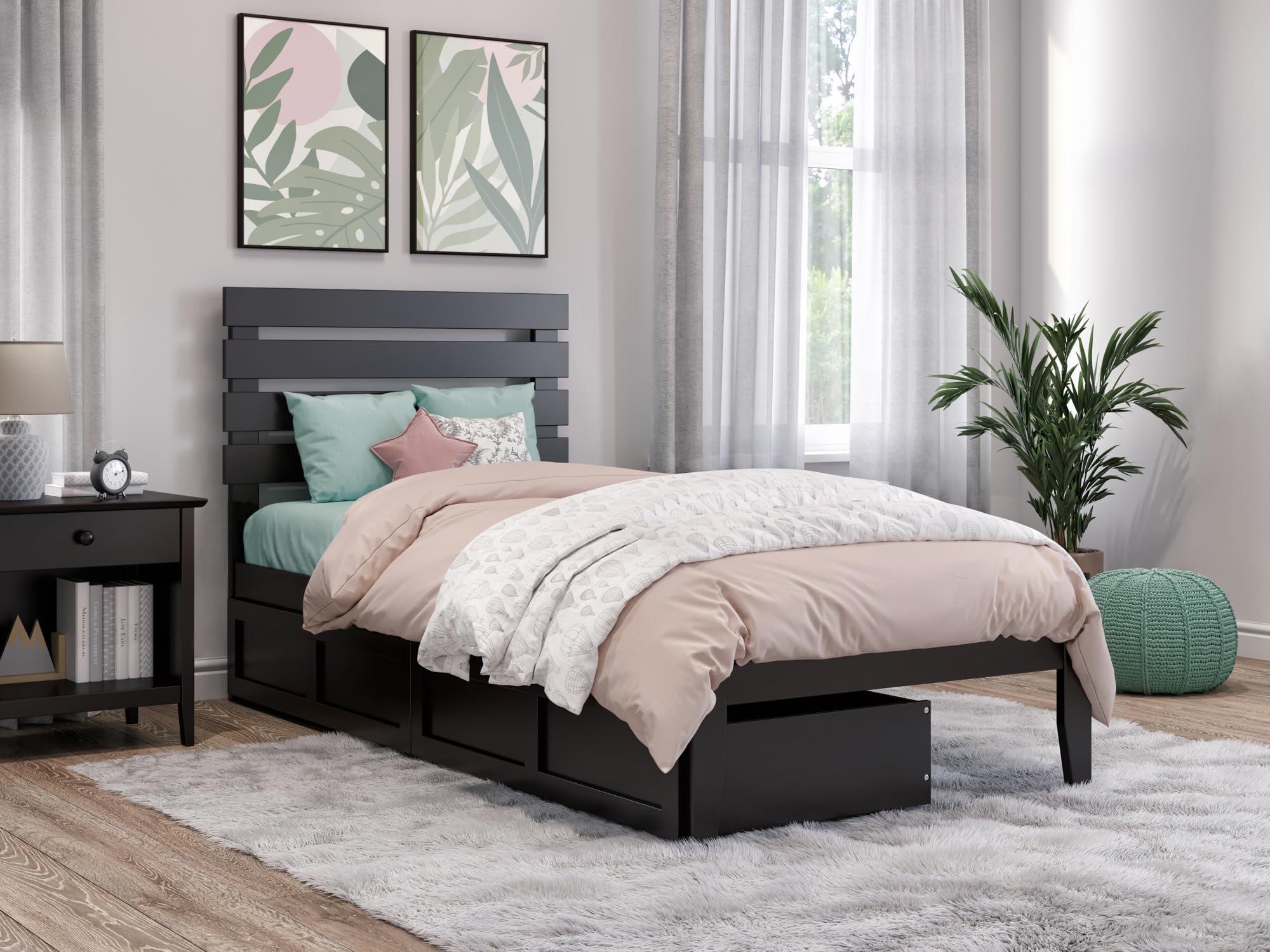 AFI Oxford Twin Size Platform Bed with Storage Drawers & USB Charging Station - Espresso Wood Finish - Space Saving Bedroom Furniture for Small Rooms & Dorm Rooms