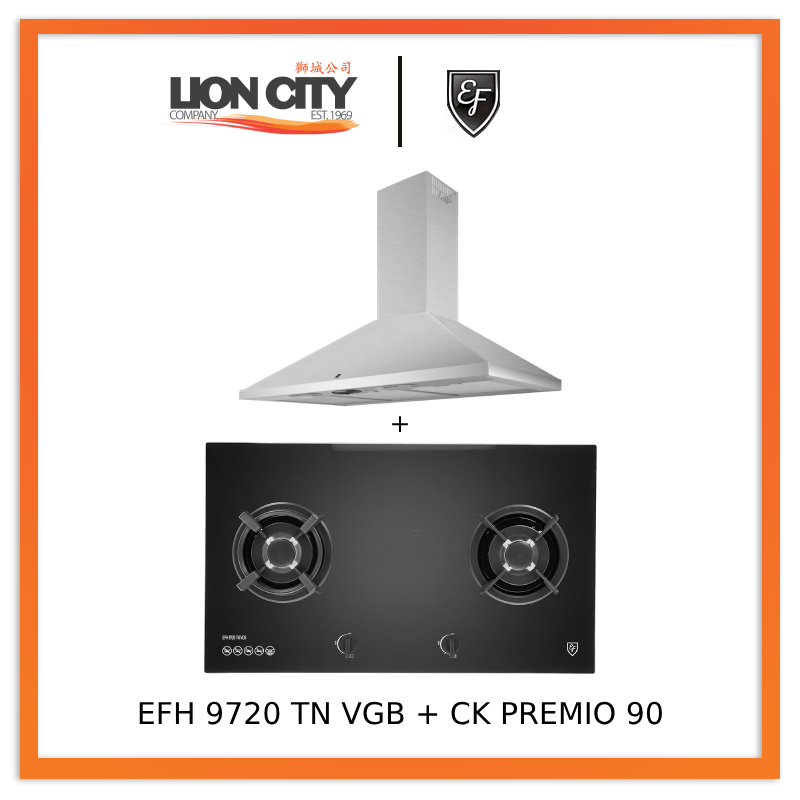 EF CK Premio 90 Stainless Steel Chimney Range Hood with EF EFH 9720 TN VGB Glass Ceramic Cooktop - Modern Kitchen Ventilation for Home Cooking & Baking