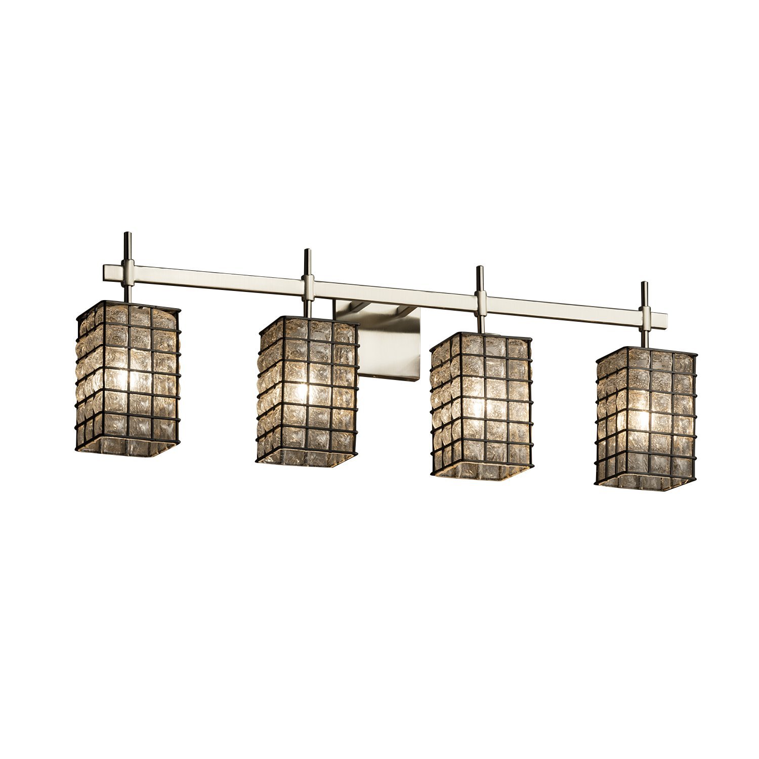 Justice Design Group WGL-8414-15-GRCB-NCKL 4-Light Bath Bar - Square Flat Rim Brushed Nickel Finish with Grid & Clear Bubbles Glass Shade - Modern Bathroom Vanity Lighting for Spa, Powder Room or Master Bath