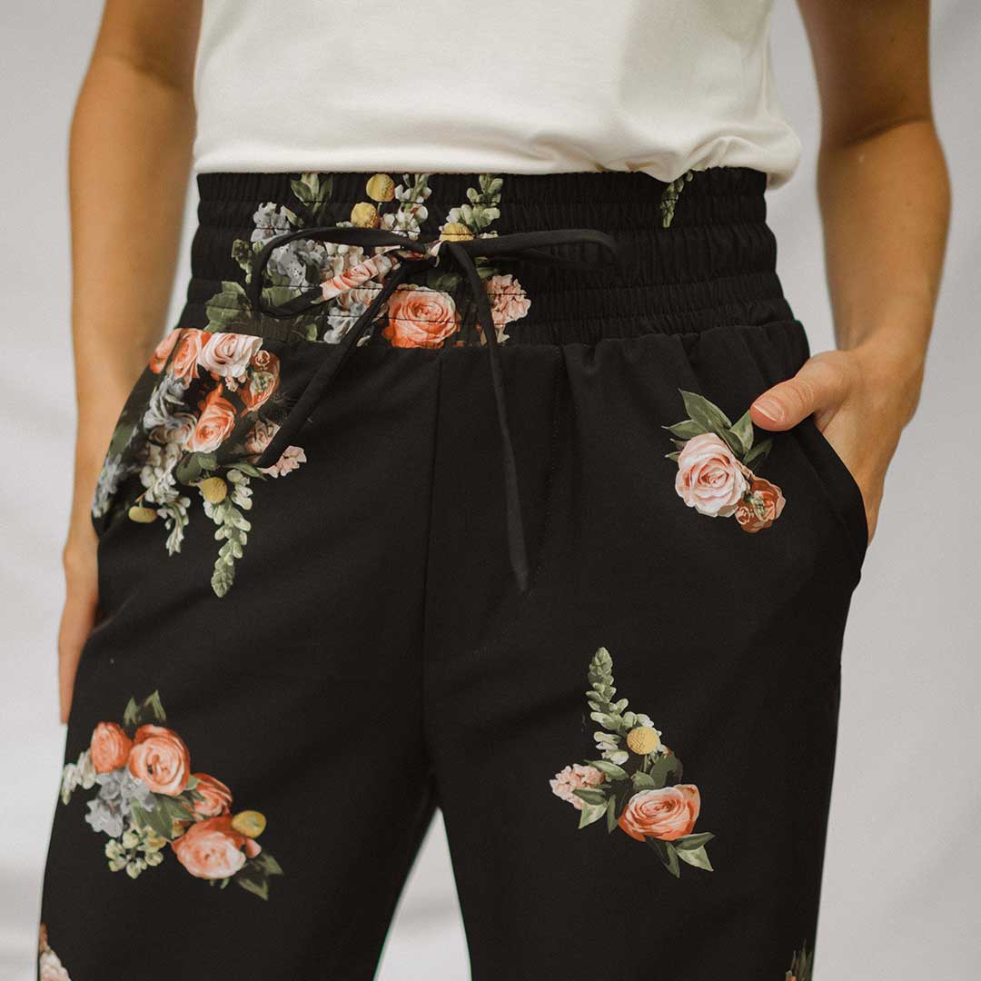 Audrey Wide Leg Pants for Women - Rose Black Floral Print High Waisted Palazzo Trousers | Office Wear, Casual Outfits & Special Occasions