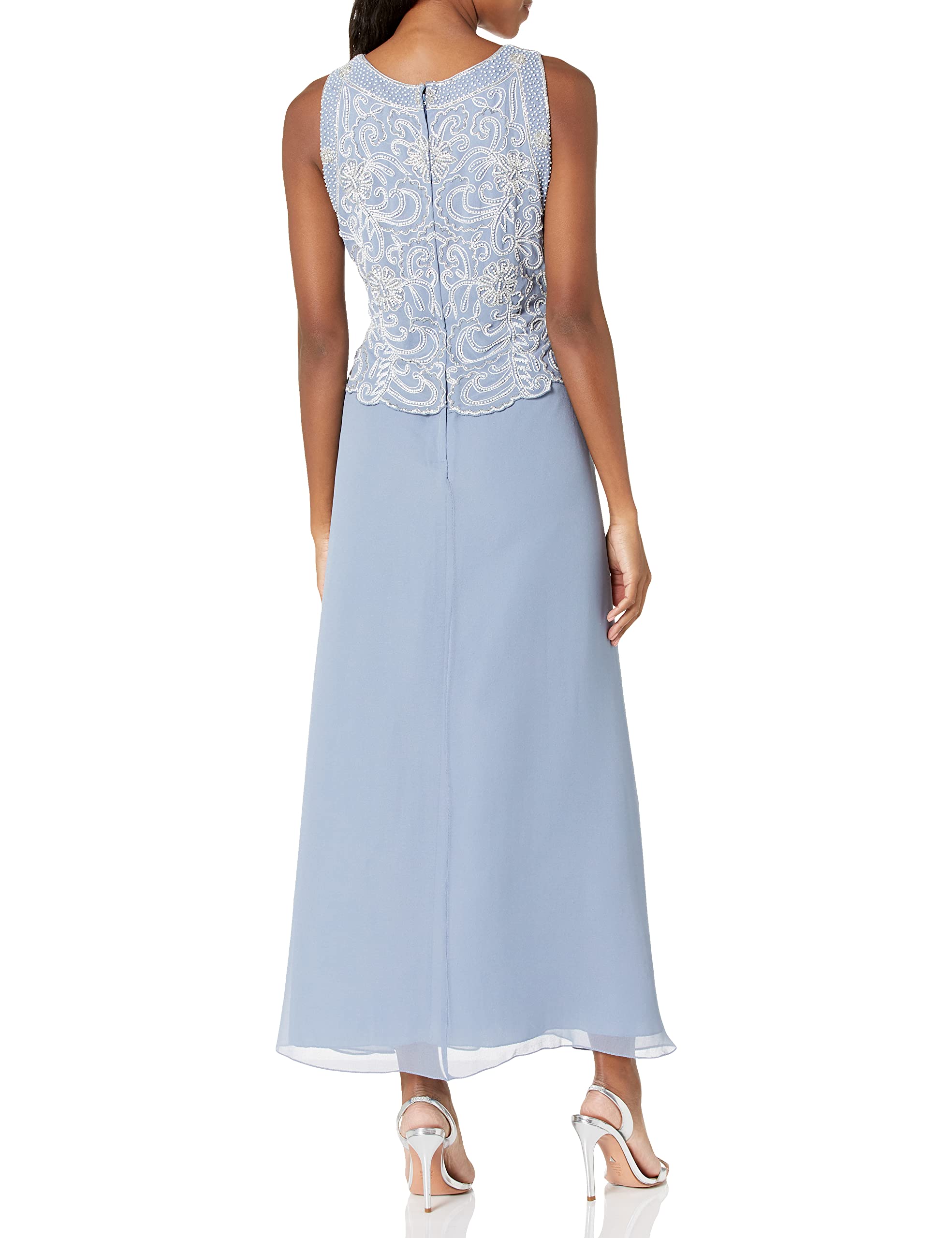 J Kara Women's Petite Sleeveless Scallop Long Beaded Dress with Scarf - Elegant Evening Gown for Wedding, Party & Special Occasions