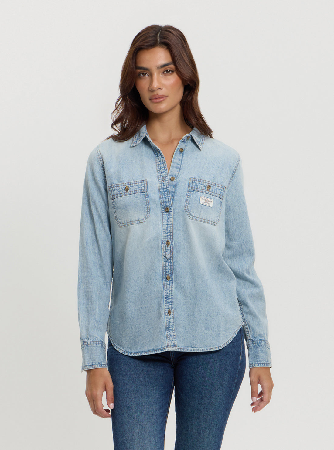Guess Women's Blue Denim Shirt - Classic Regular Fit Button Down Shirt for Casual Wear, Layering & Everyday Outfits