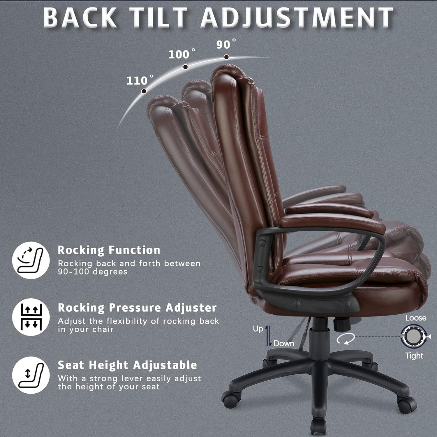 Lemberi Ergonomic Office Chair - High Back Executive Desk Chair with Adjustable Height, PU Leather & Cushion Support for Big and Tall Users - Perfect for Home Office, Gaming & Long Work Sessions (Brown)