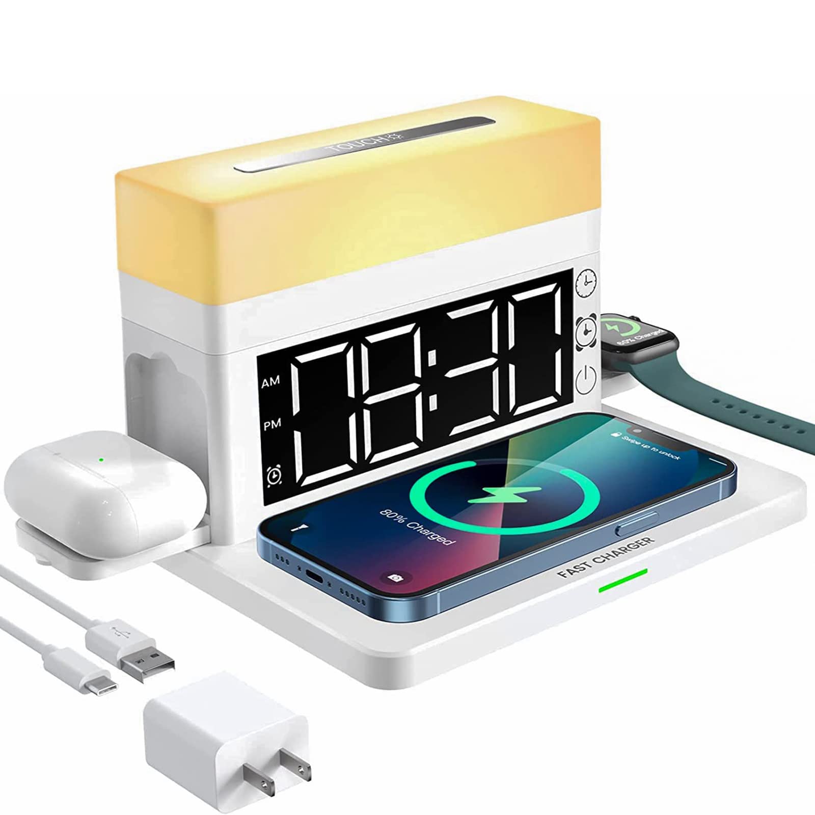 3-in-1 Wireless Charging Station with Alarm Clock & Night Light - 18W Fast Wireless Charger for iPhone 14/13/12/11/XS/8, Samsung Galaxy, AirPods & Apple Watch (Includes Adapter, White) - Perfect for Bedside, Office & Travel Charging