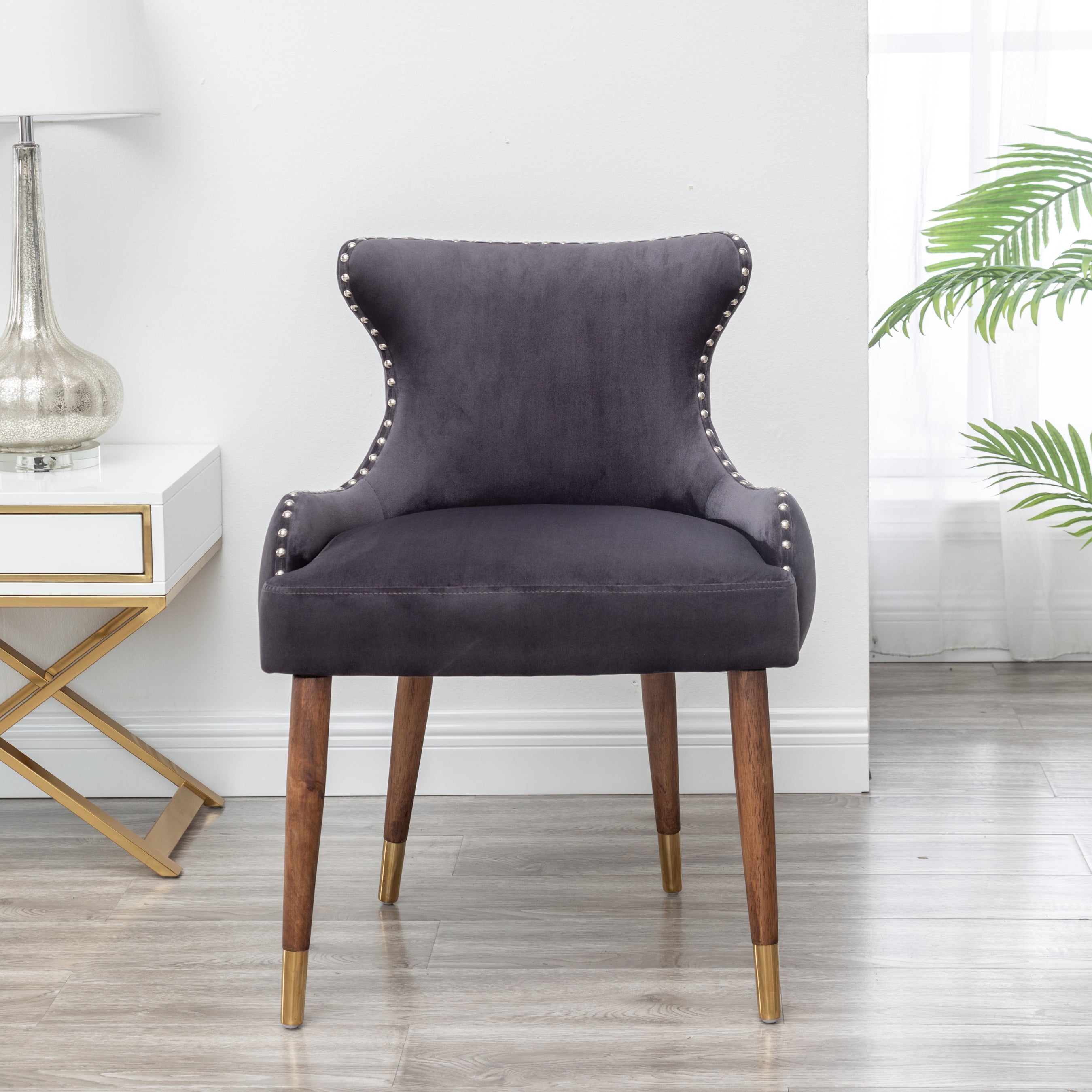Roundhill Furniture Lindale Contemporary Velvet Upholstered Nailhead Trim Accent Chair in Gray - Modern Living Room Seating for Home Office, Lounge & Bedroom Decor