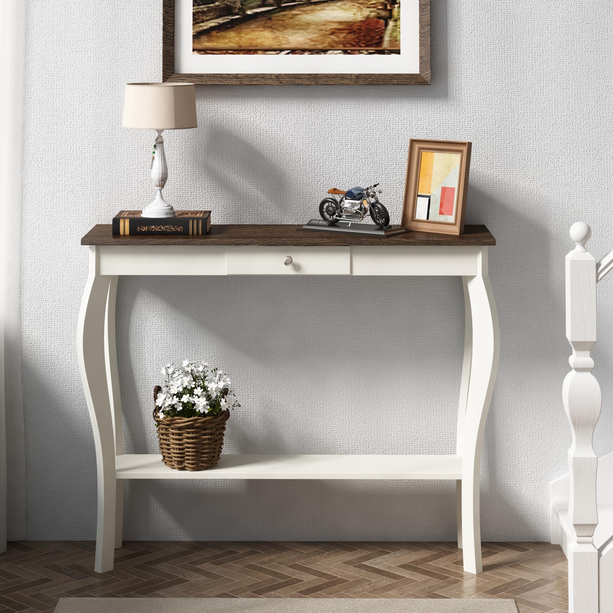ChooChoo Narrow Farmhouse Console Table with Drawer - Chic Accent Sofa Entryway Table with Shelves - Antique White & Brown - Perfect for Entryway, Living Room, Hallway & Small Space Decor