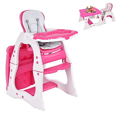 HONEY JOY 5-in-1 Convertible High Chair for Babies & Toddlers - Adjustable Booster Seat with Safety Harness, Reclining Backrest & Dual Food Trays - Perfect for Dining, Feeding & Playtime (Pink)