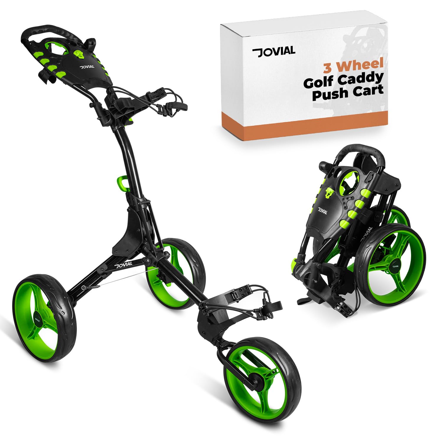 JOVIAL 3 Wheel Golf Push Cart - Lightweight Aluminum Frame Golf Caddy with Deluxe Scorecard Holder & Patented Bag Holder | Foldable, Collapsible & Adjustable Handle | Perfect for Golf Courses, Driving Ranges & Outdoor Practice