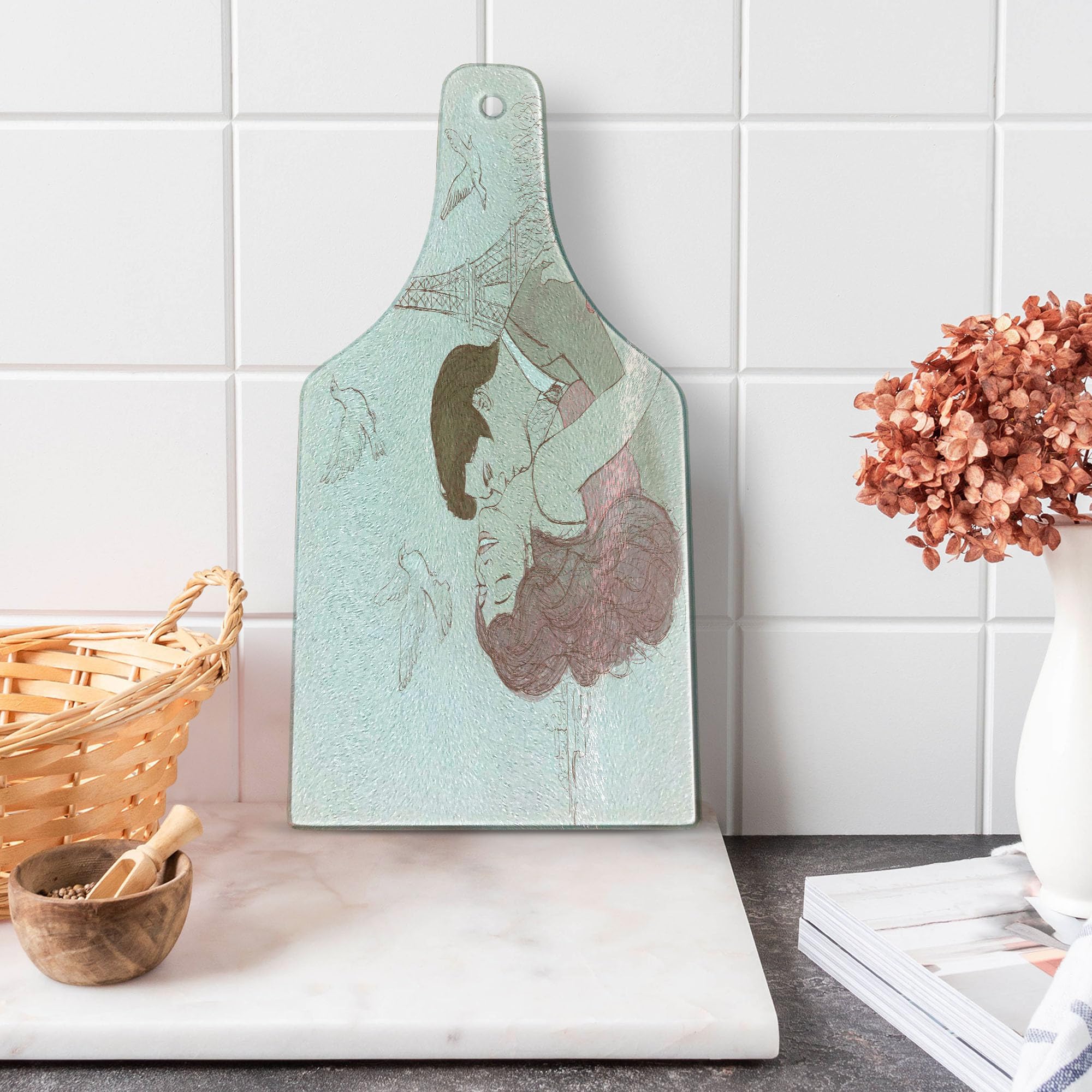 Ambesonne Romantic Wine Bottle Shaped Glass Cutting Board - Paris Love Scene with Eiffel Tower & Flying Doves - Tempered Glass Serving Board for Kitchen & Dining - Perfect for Valentine's Gifts, Anniversary Presents & Romantic Dinners
