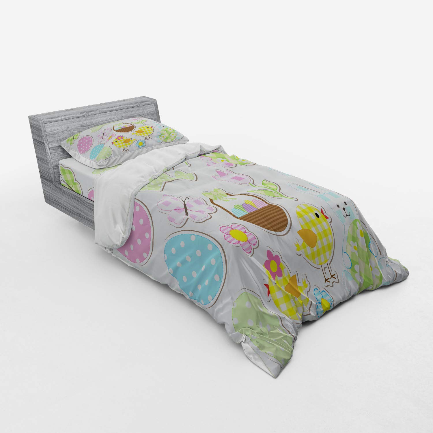 Ambesonne Easter Duvet Cover Set - Pastel Bunnies & Chicks with Giant Eggs Holiday Design, 3-Piece Twin Size Bedding Set with Sham & Fitted Sheet | Perfect for Spring Decor, Easter Bedroom, Kids Room & Seasonal Home Styling