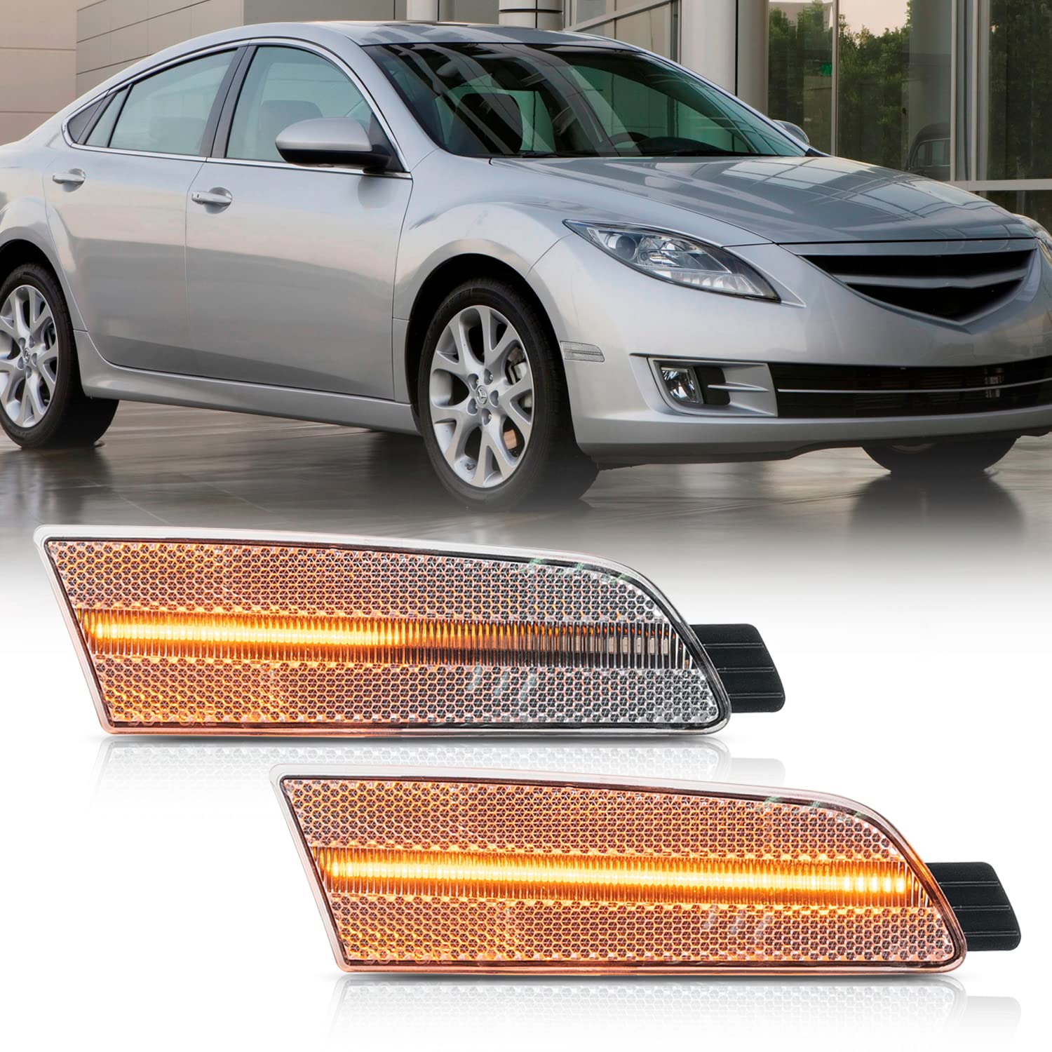 Amber LED Side Marker Lights for 2009-2013 Mazda 6 - Front Fender Turn Signal Blinker Lamps with Clear Lens - OEM Fit Replacement - Perfect for Night Driving and Enhanced Visibility