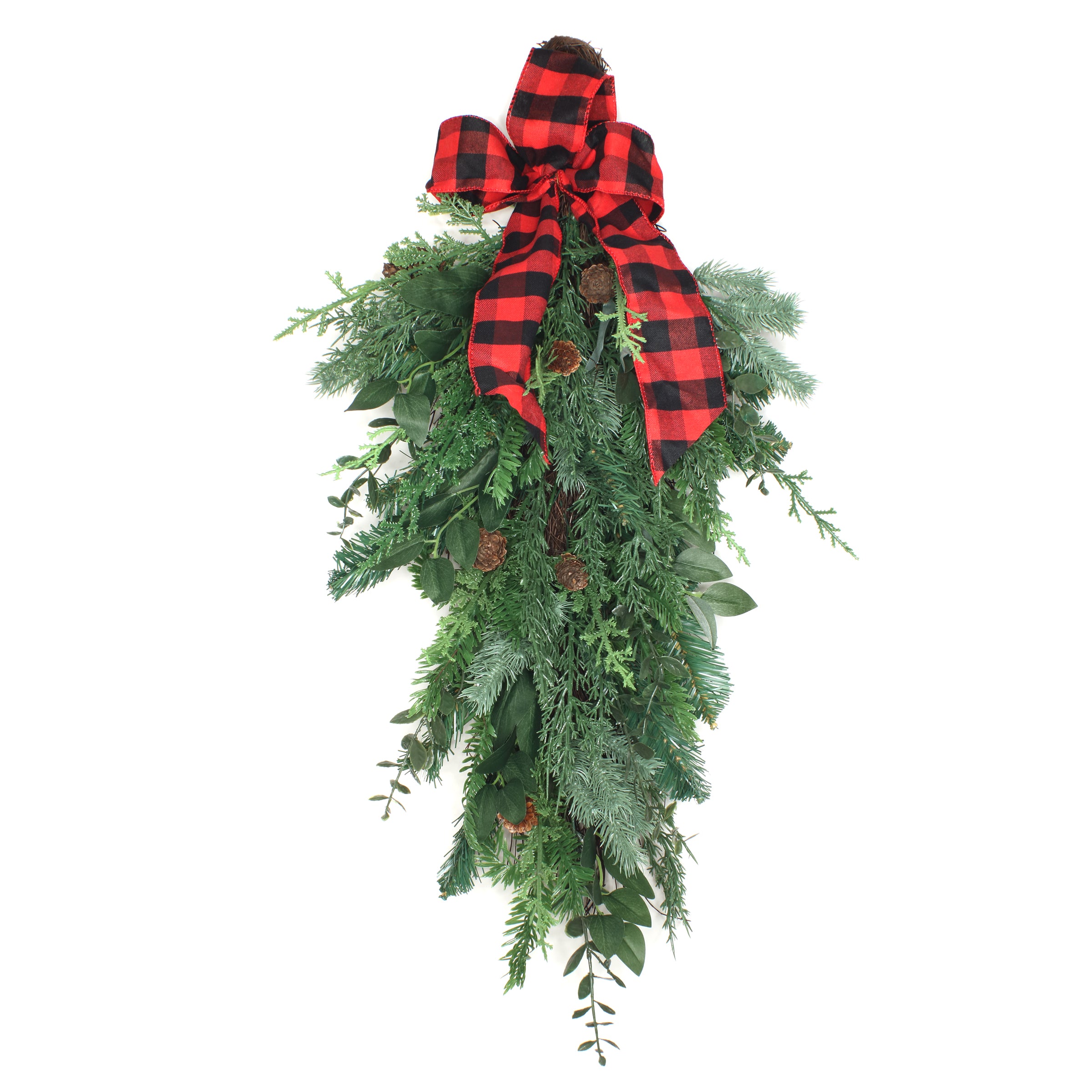 30 Inch Mixed Pine Christmas Teardrop Wreath with Decorative Bow - Perfect for Holiday Door Decor, Fireplace Mantel & Festive Home Decorations
