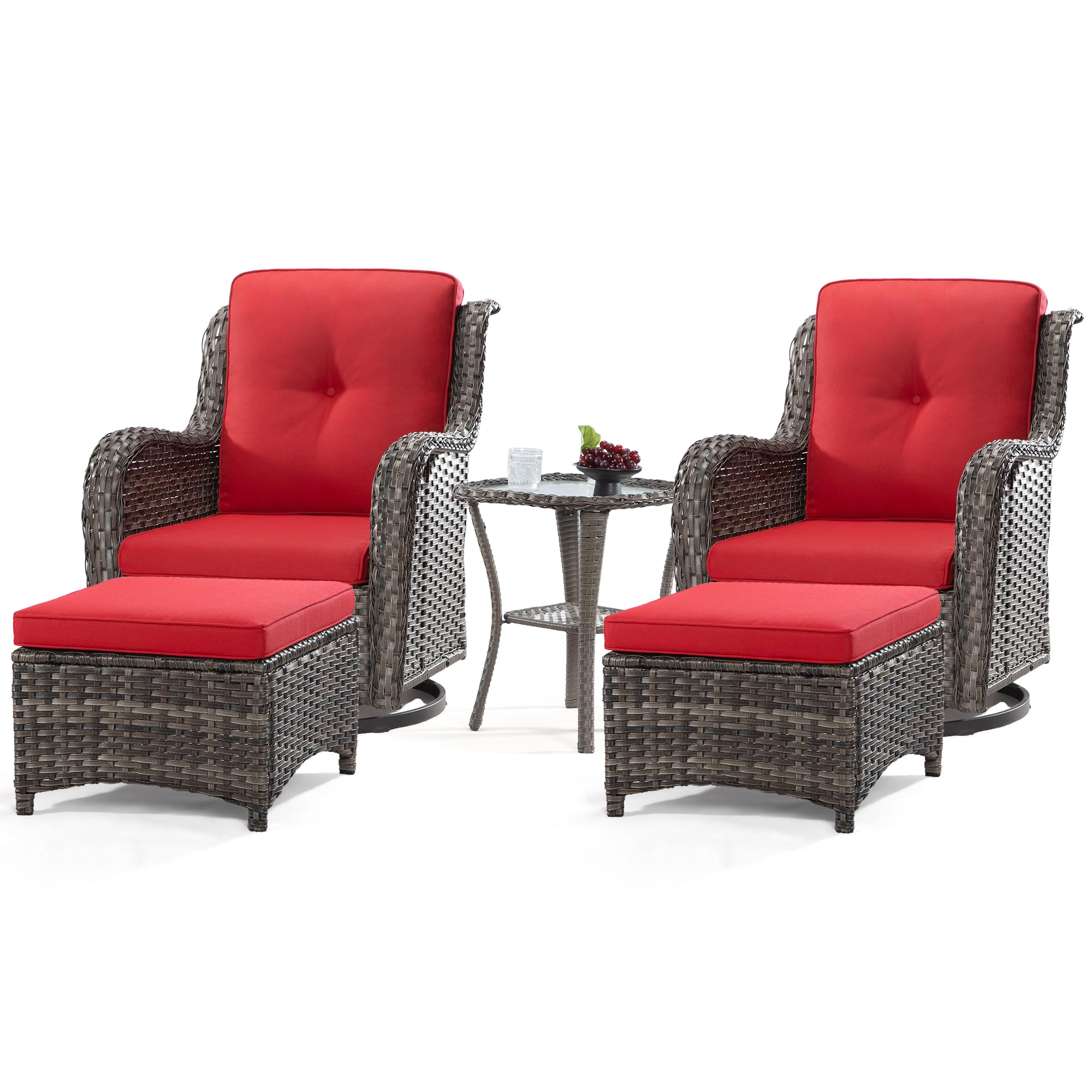 5-Piece Outdoor Patio Furniture Set - All-Weather Wicker Bistro Conversation Set with Swivel Rocking Chairs, Side Table & Ottomans - Perfect for Backyard, Porch, Deck, Garden or Poolside (Mixed Grey/Red) - Ideal for Relaxing, Entertaining & Outdoor Dining