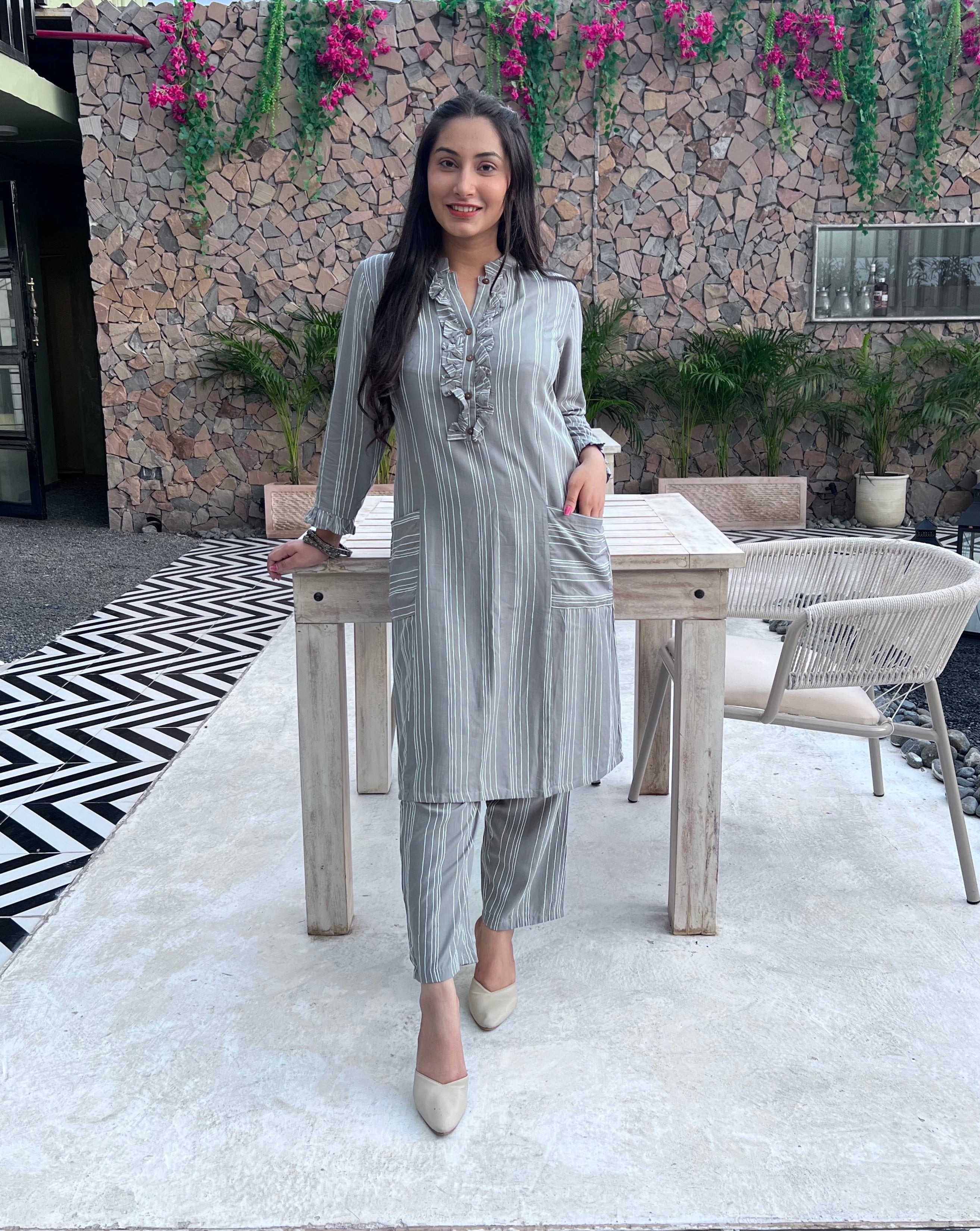Stylish Grey Striped Cotton Co-Ordinate Set for Women | Casual Summer Outfit | Perfect for Beach, Brunch & Weekend Wear