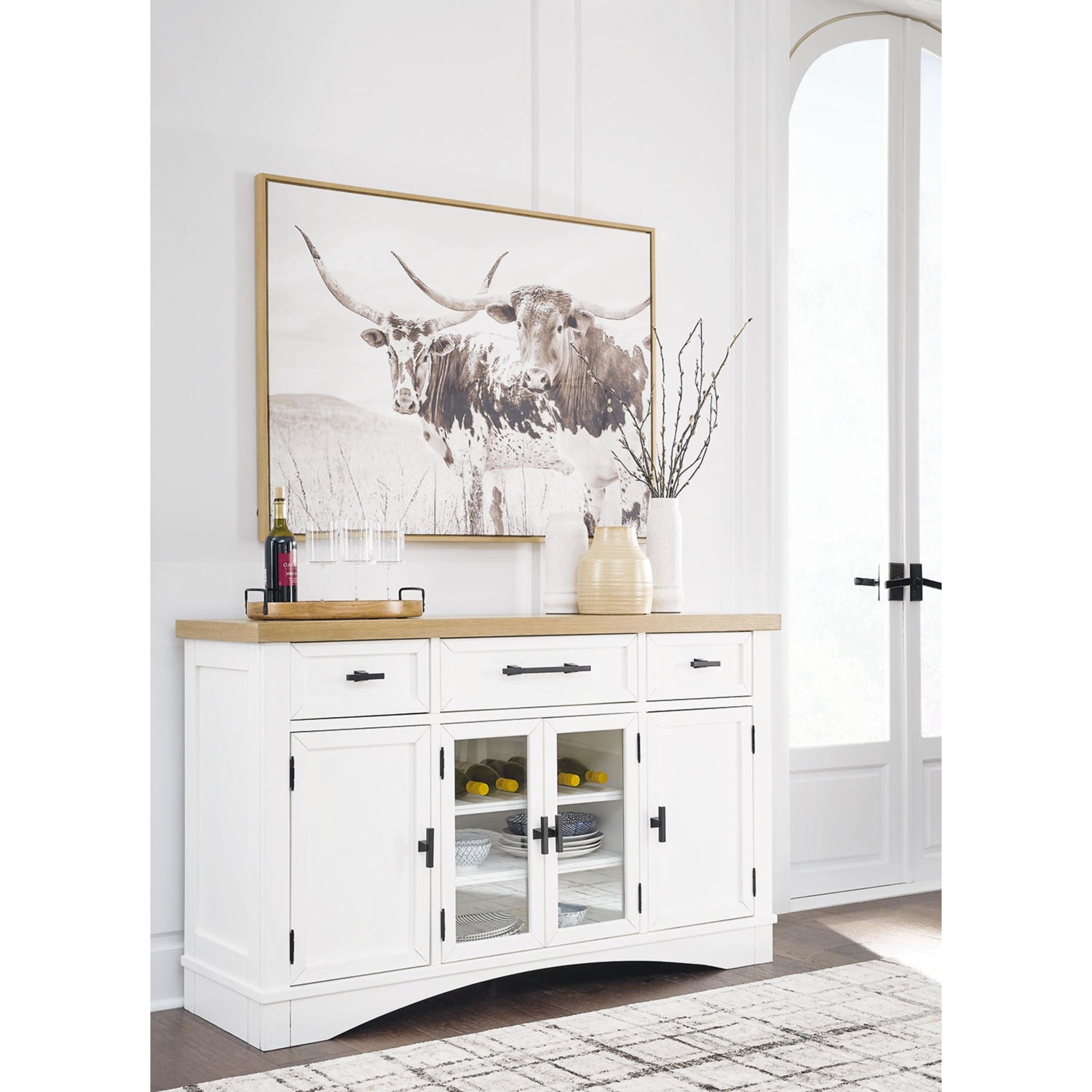 Ashbryn Dining Server Buffet Sideboard - White & Natural Wood Finish (D844-60) - Perfect for Dining Room Storage & Serving