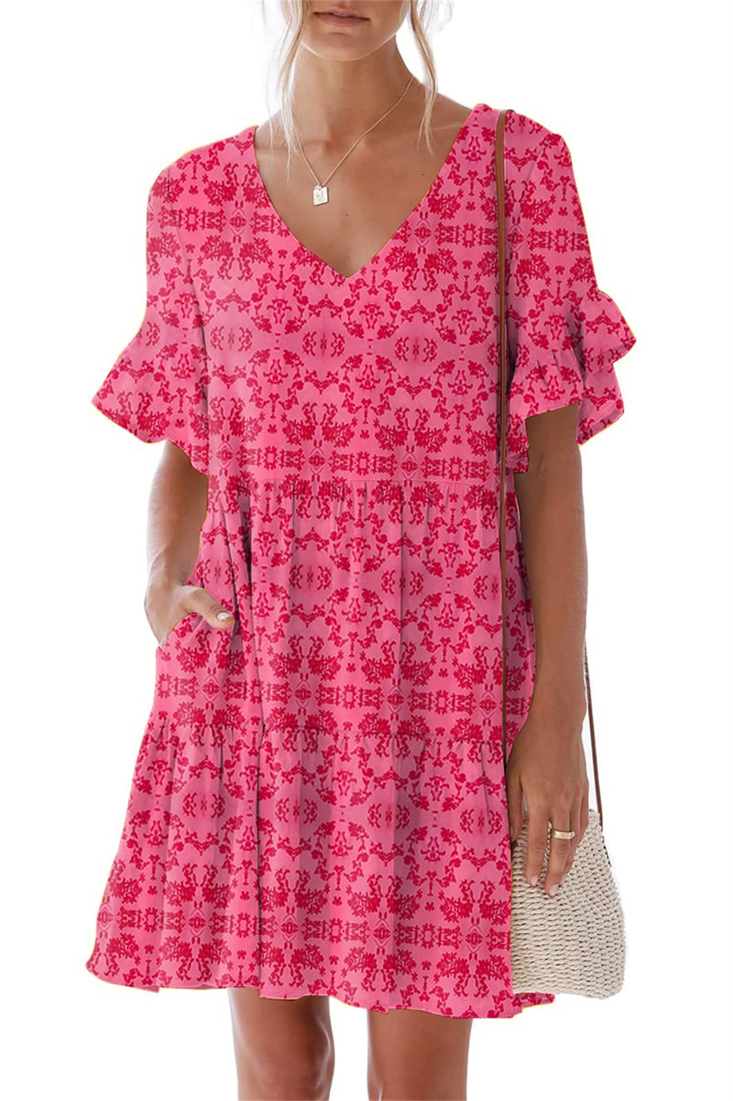Nclook Women's Summer Casual Dress - Sweet & Cute V-Neck Mini Dress with Pockets, Short Sleeve Ruffles | Perfect for Beach Outings, Date Nights & Summer Vacations