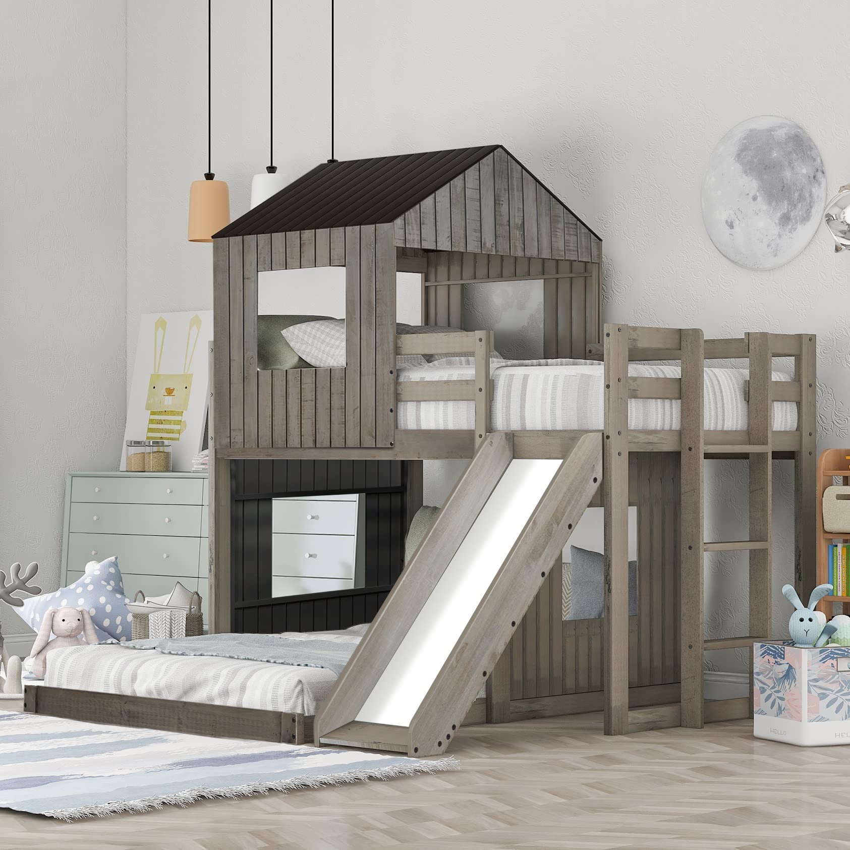 Twin Over Full Bunk Bed with Slide - House Shaped Kids Bunk Bed Frame with Safety Guardrails & Ladder - Antique Gray - Perfect for Teens, Boys & Girls Bedrooms, Dorms or Vacation Homes