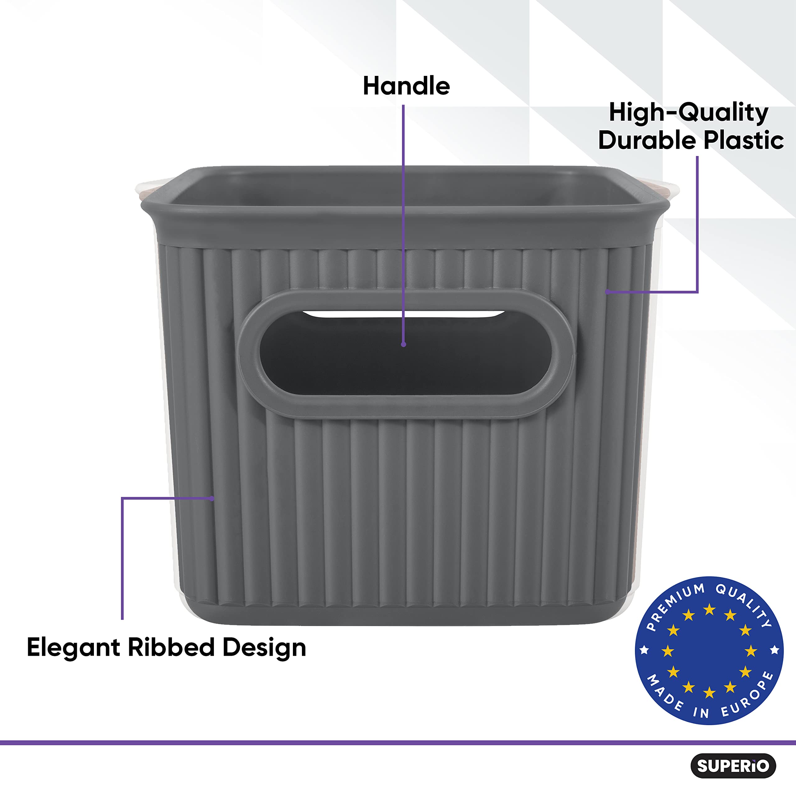 Superio Ribbed Plastic Storage Bins - 1.5L Grey Home Organizer Baskets (1-Pack) for Closet, Shelf & Drawer Organization | Decorative Open Storage Containers for Bedroom, Bathroom & Office Use