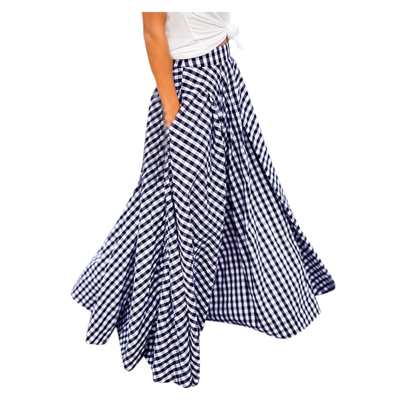 JPLZi Women's High Waisted Pleated Maxi Skirt - Elastic Waist Plaid Long Skirt with Pockets | Retro Casual Ankle Length Skirt for Everyday Wear, Office & Date Night