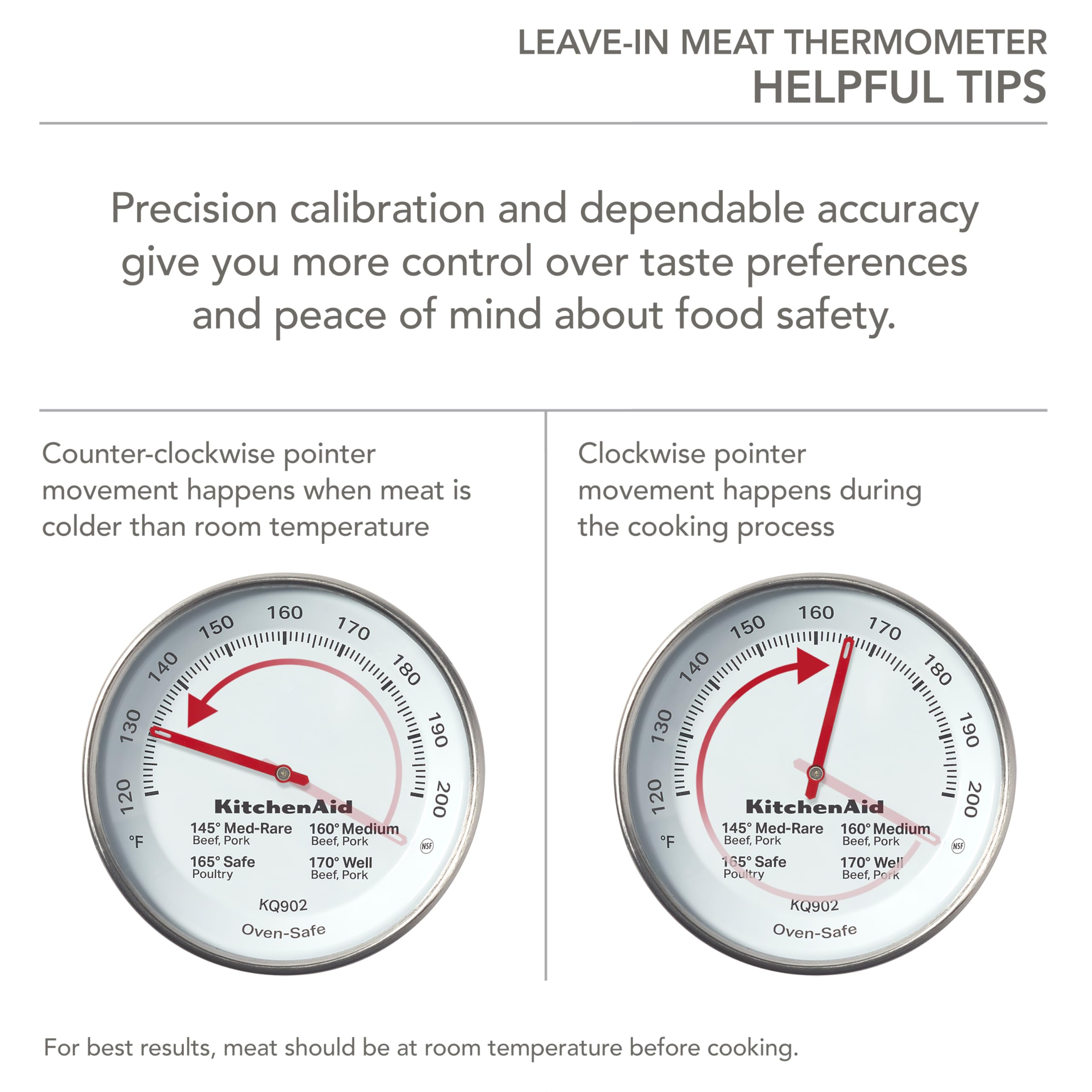 KitchenAid KQ902 Stainless Steel Analog Meat Thermometer for Oven & Grill - 120°F to 200°F Temperature Range | Perfect for Roasting, Grilling & Baking | Leave-in Cooking Thermometer for Turkey, Beef & Chicken