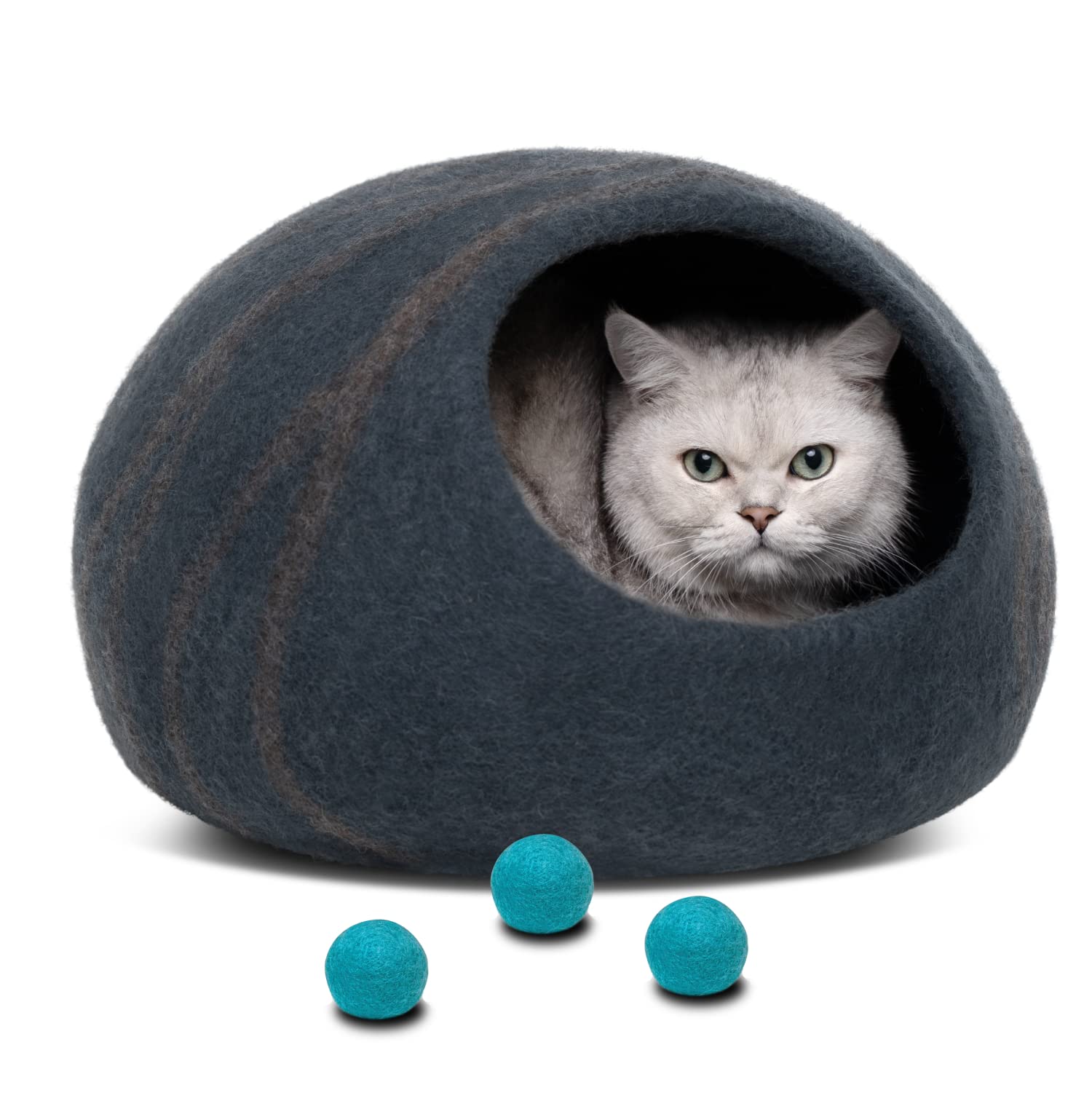Premium Felt Cat Bed Cave with Wool Ball Toys - Slate Grey Medium Size for Indoor Cats | Cozy Pet Cave & 6-Pack Interactive Cat Toys Bundle | Perfect for Napping, Playtime & Home Decor