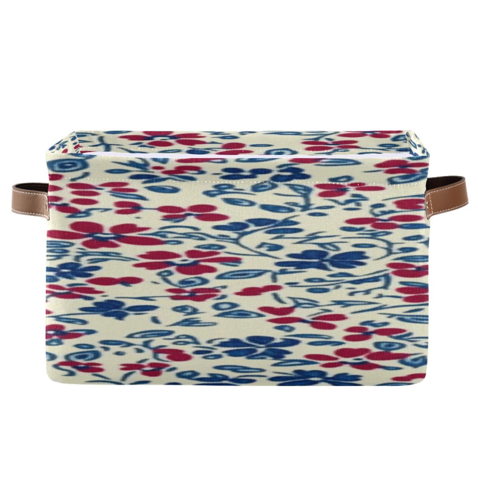 Large Foldable Storage Baskets with Handles - 2 Pack Creamy Red & Blue Floral Pattern - Closet Organizers, Shelf Bins for Home Organization (Perfect for Bedroom, Bathroom & Kids Room Storage)
