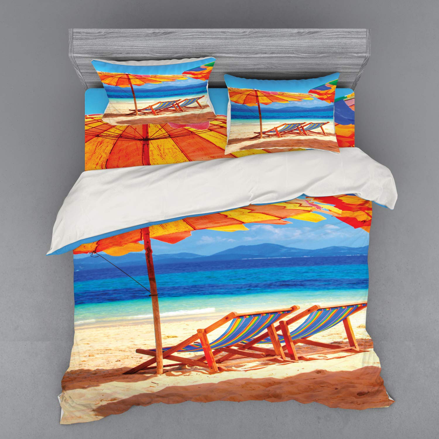 Ambesonne Tropical Beach Bedding Set - 4 Piece King Size Duvet Cover with Shams & Fitted Sheet, Orange Blue Coastal Decor - Perfect for Beach House, Vacation Home & Summer Bedroom Decor