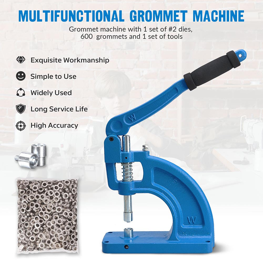 Heavy Duty Hand Press Grommet Machine with #2 Die Set - Includes 600 Grommets for Fabric, Leather, Tarps & DIY Projects - Perfect for Crafting, Upholstery & Marine Applications