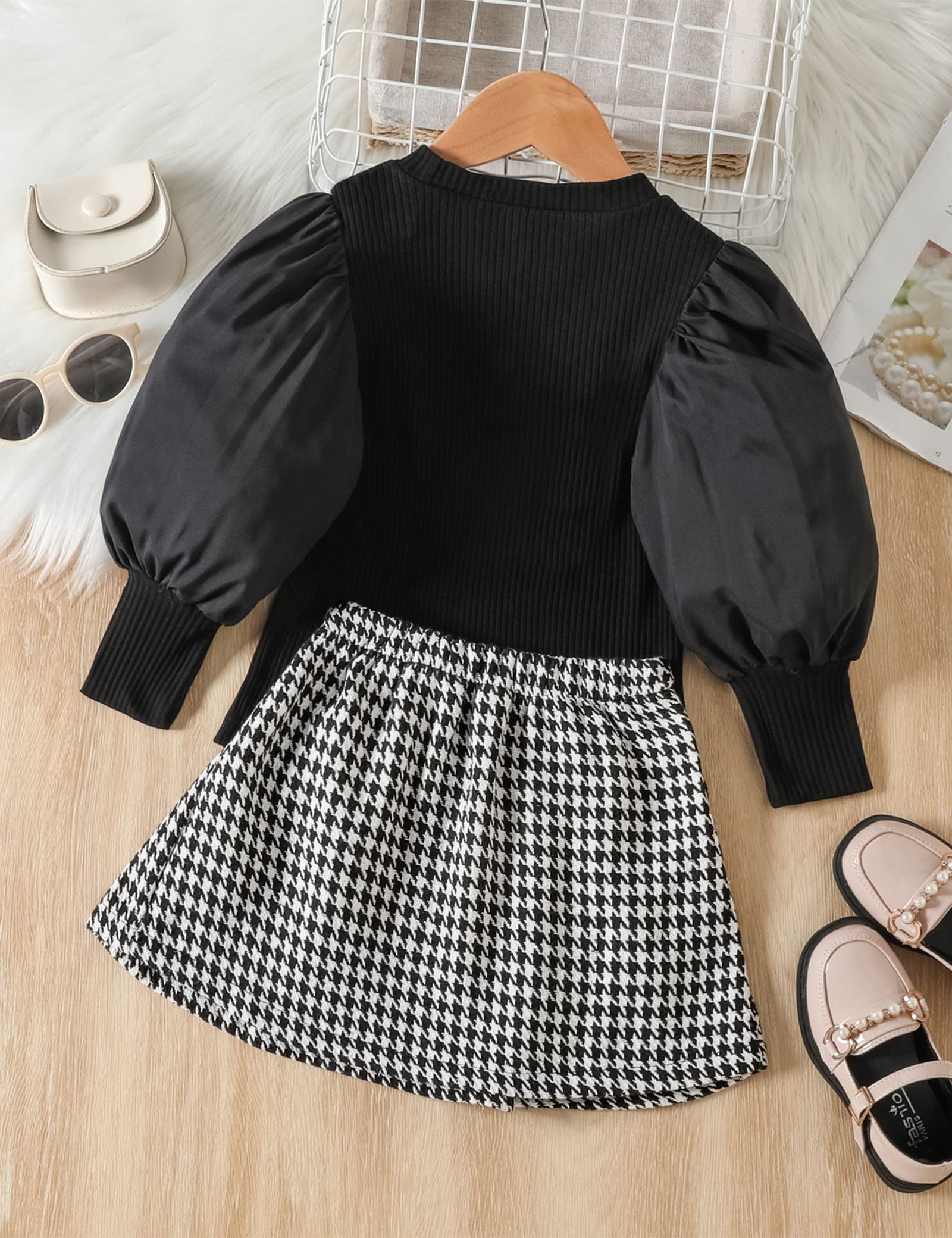 **DONWEN Toddler Girl Outfit Set - Puff Sleeve Top & Plaid Pleated Skirt 2-Piece Winter Clothes for Girls, Fall & Winter Fashion, Perfect for Holidays, Parties & School**