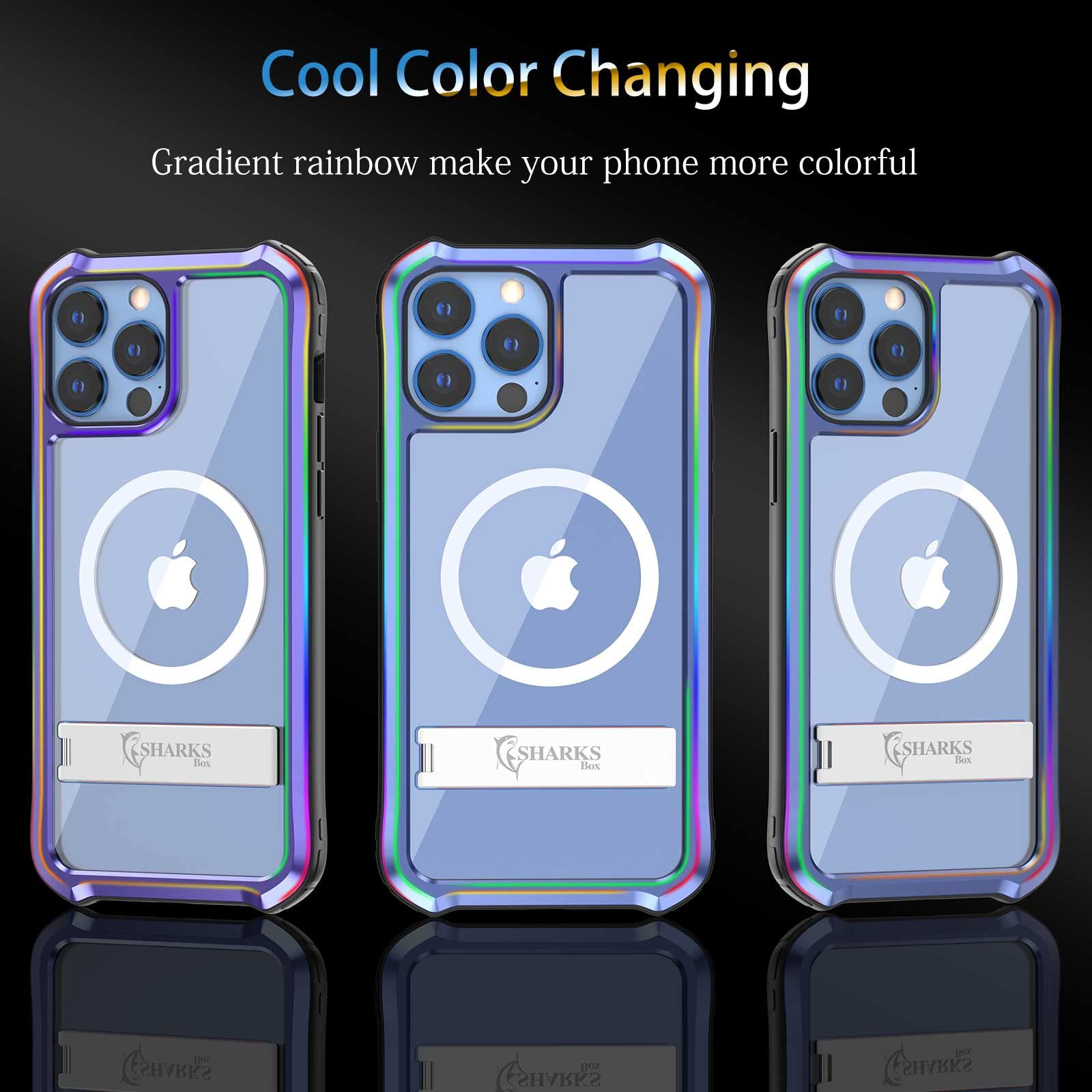 Magnetic Clear Case for iPhone 13 Pro Max with Iridescent Metal Frame & Kickstand | Magsafe Compatible | Shockproof Color Changing Phone Cover (6.7
