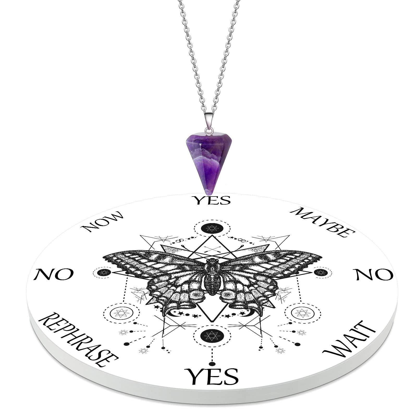 Butterfly Pendulum Board for Dowsing & Divination - Crystal Pendulum Necklace Set for Witchcraft, Altar Supplies & Metaphysical Practices - Perfect for Beginners (Ceramic Board) - Ideal for Spiritual Guidance, Energy Work & Witchcraft Rituals