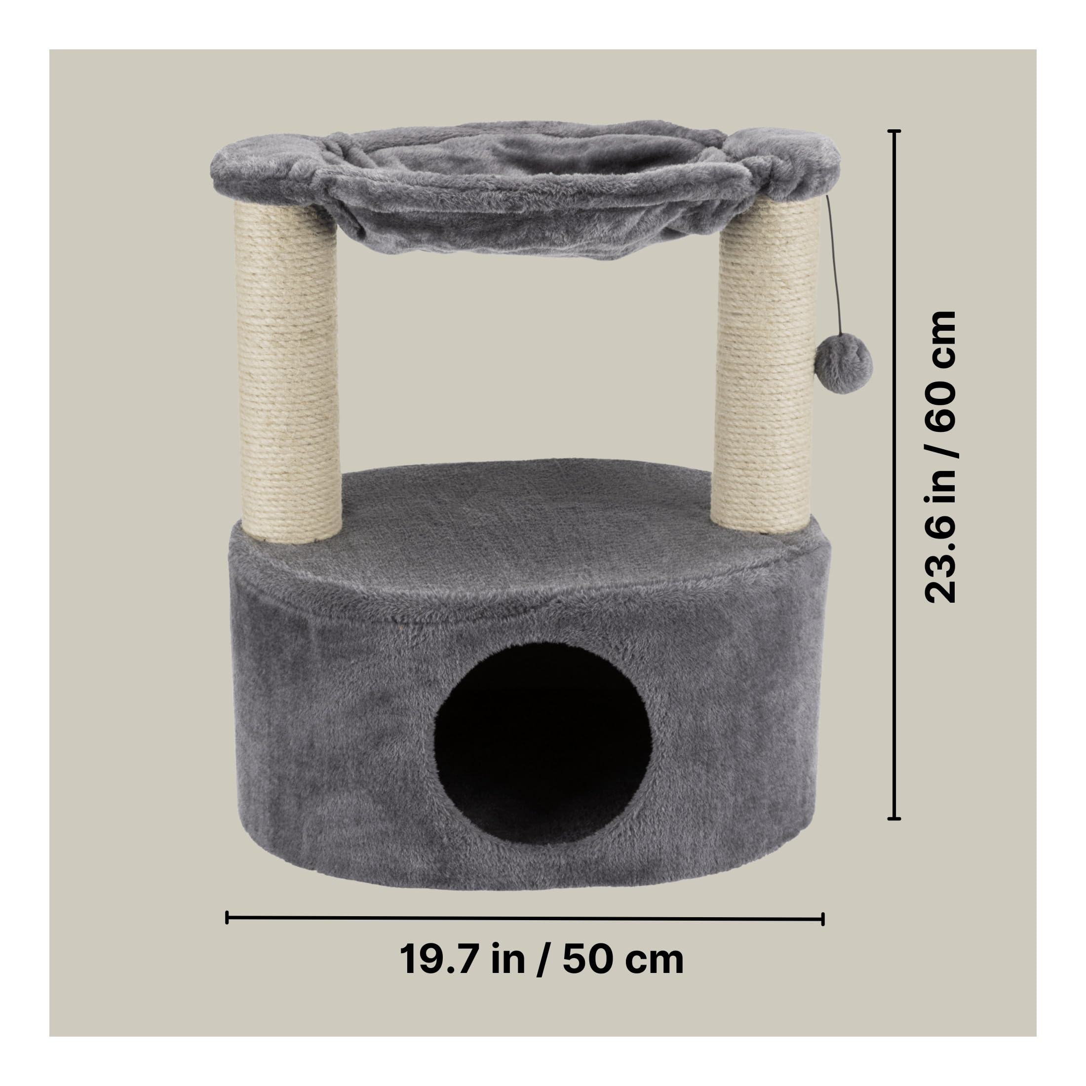TRIXIE Baza Grande 24-inch Cat Tree with 2 Sisal Scratching Posts, Cat Condo & Hammock - Includes Dangling Cat Toy for Indoor Cats - Perfect for Play, Rest & Scratching in Home or Office