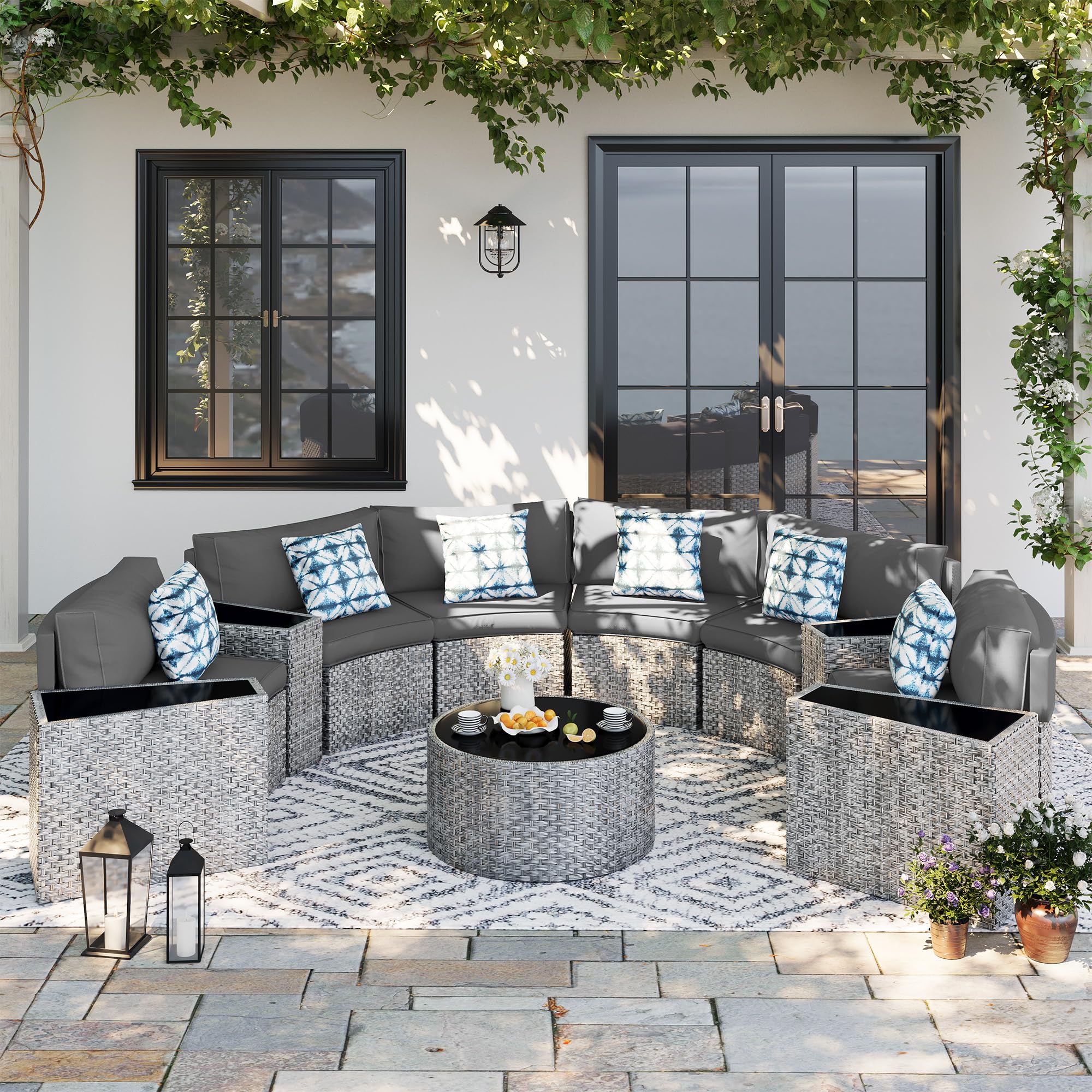 UDPATIO 11-Piece Fully Assembled Outdoor Sectional Sofa Set - Half Moon Curved Modular Wicker Furniture with Round Coffee Table & Waterproof Cover - Heavy Duty Patio Furniture for Porch, Backyard, Garden (Grey) | Perfect for Outdoor Entertaining, Poolside Relaxation & Family Gatherings