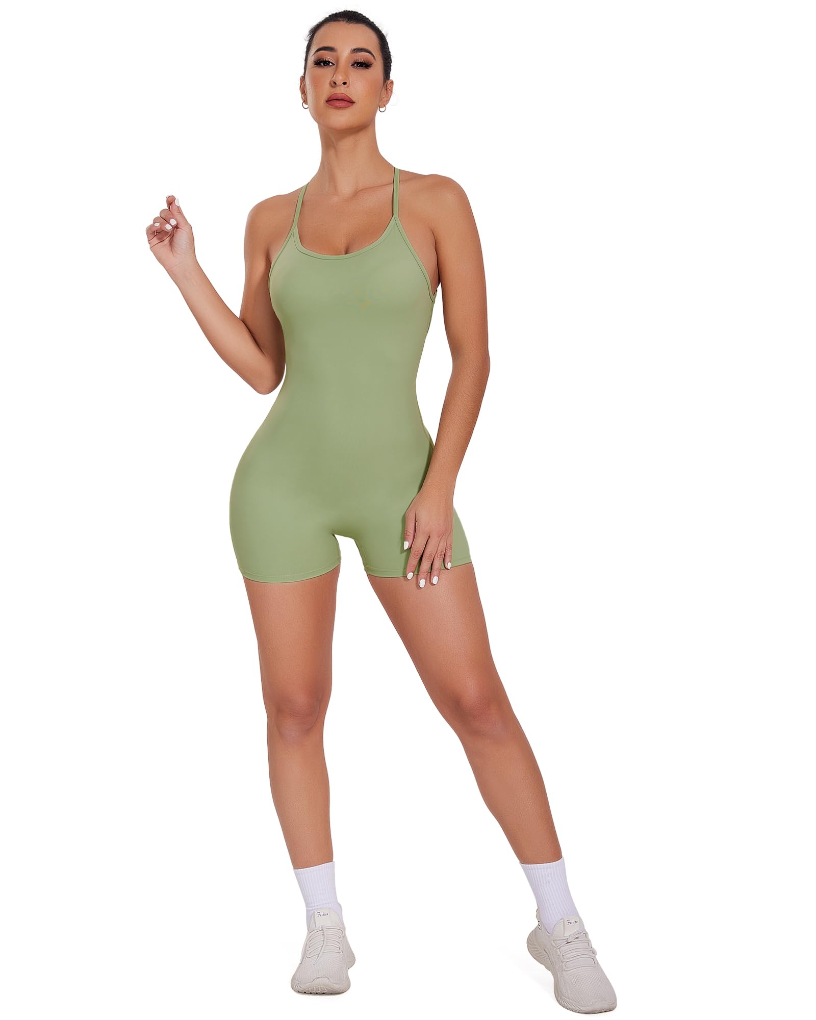 FITTOO Women's Backless Sleeveless V-Neck Jumpsuit - Scrunch Butt Yoga Romper for Workout, Gym & Summer Outfits | Stretchy Bodycon One Piece Outfit for Fitness, Beach & Night Out