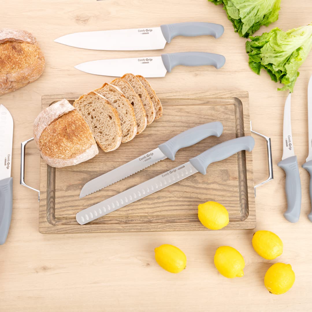 Restaurantware Comfy Grip 8 Inch Bread Knife - Sharp Serrated Stainless Steel Blade with Ergonomic Non-Slip Handle for Slicing Bread, Cake & Pastries | Dishwasher Safe | Perfect for Bakeries, Restaurants & Home Kitchens