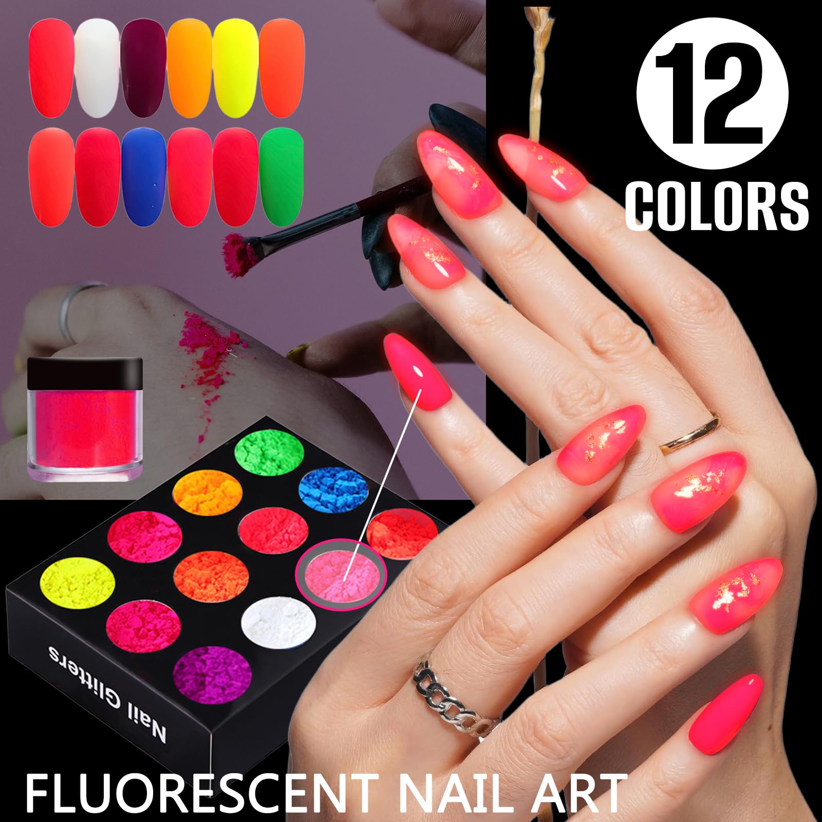 12Pcs Pigment Nail Art Powder Kit - Fluorescent Glitter Dip Powder for Chrome Nails, DIY Manicure Salon Set for Women | Perfect for Home Nail Art, Parties & Special Occasions