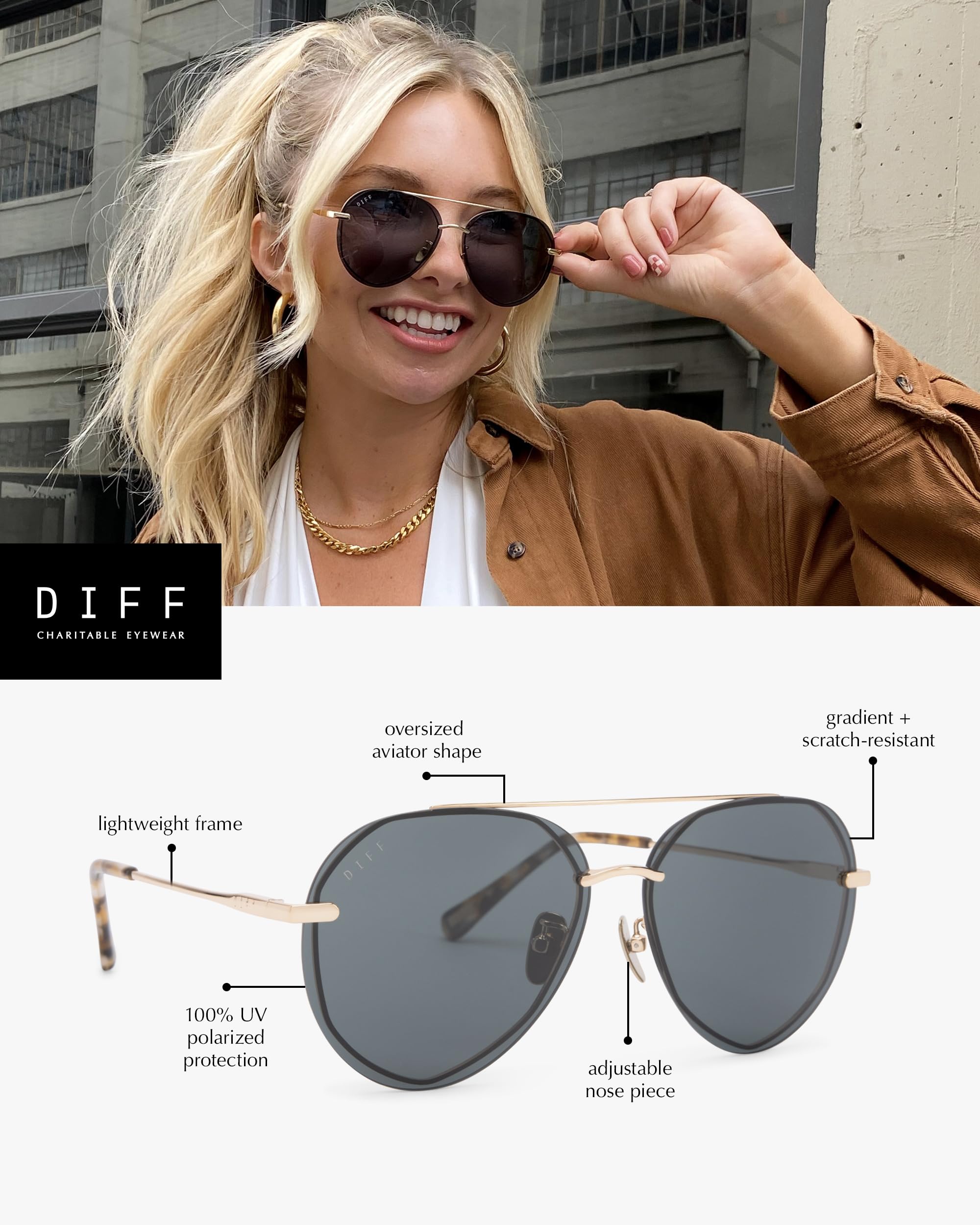 DIFF Lenox Polarized Oversized Aviator Sunglasses for Women - UV400 Protection, Gold Stainless Steel Frames - Perfect for Driving, Beach & Outdoor Activities